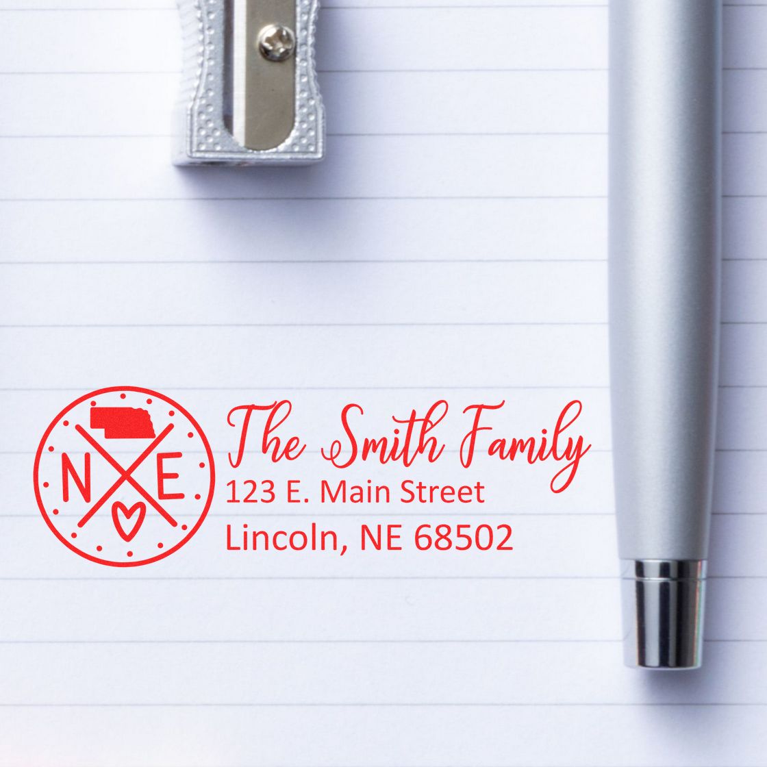 Personalized return address rubber stamp for The Smith Family with custom name, street address, and Lincoln, NE 68502.