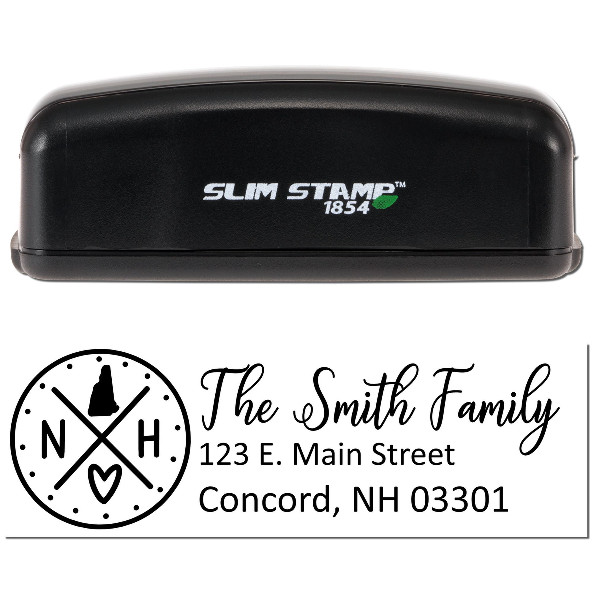 Custom self-inking rubber address stamp with family name, monogram logo, and Concord, NH return address.