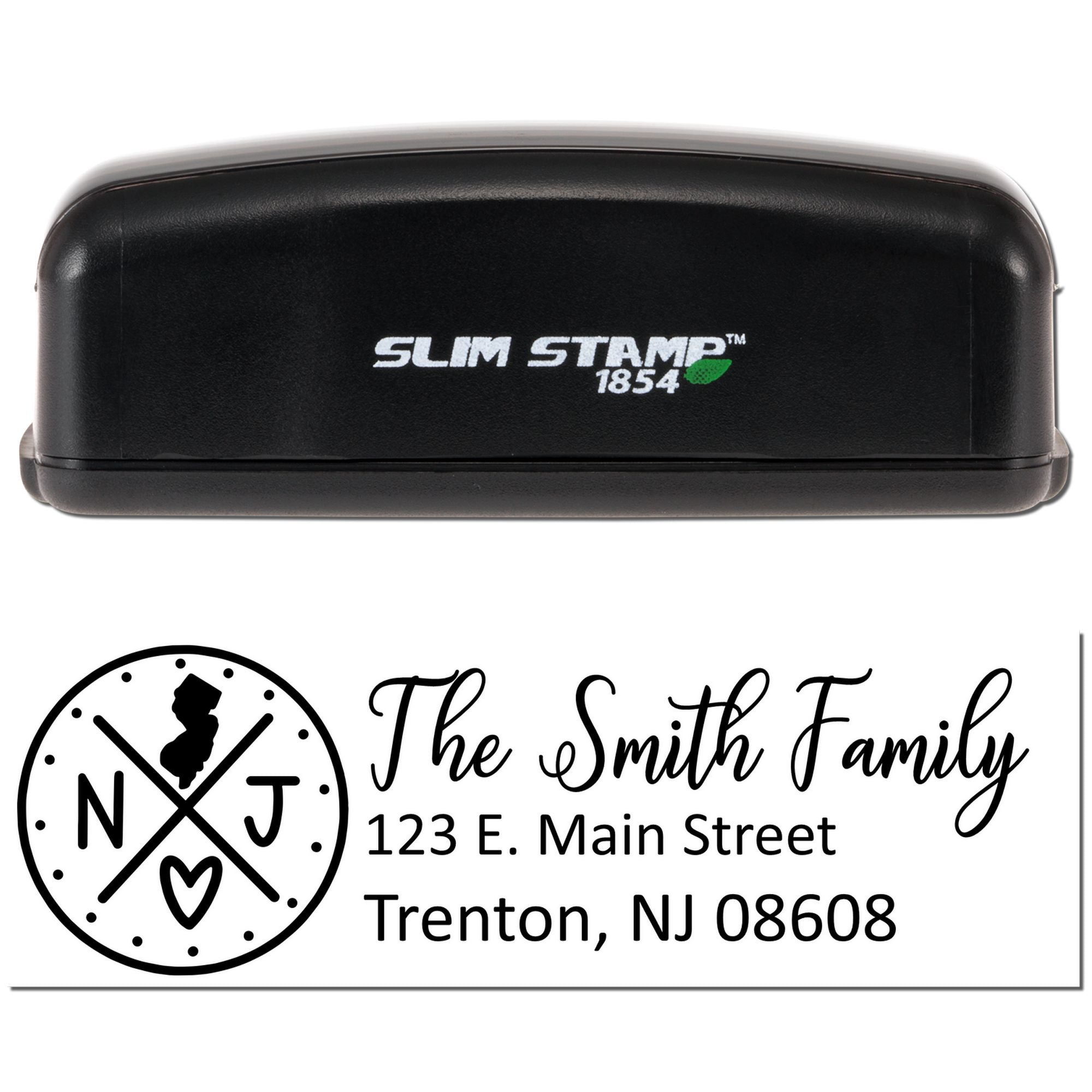Slim Stamp 1854 custom address rubber stamp with personalized New Jersey return address and family monogram design.