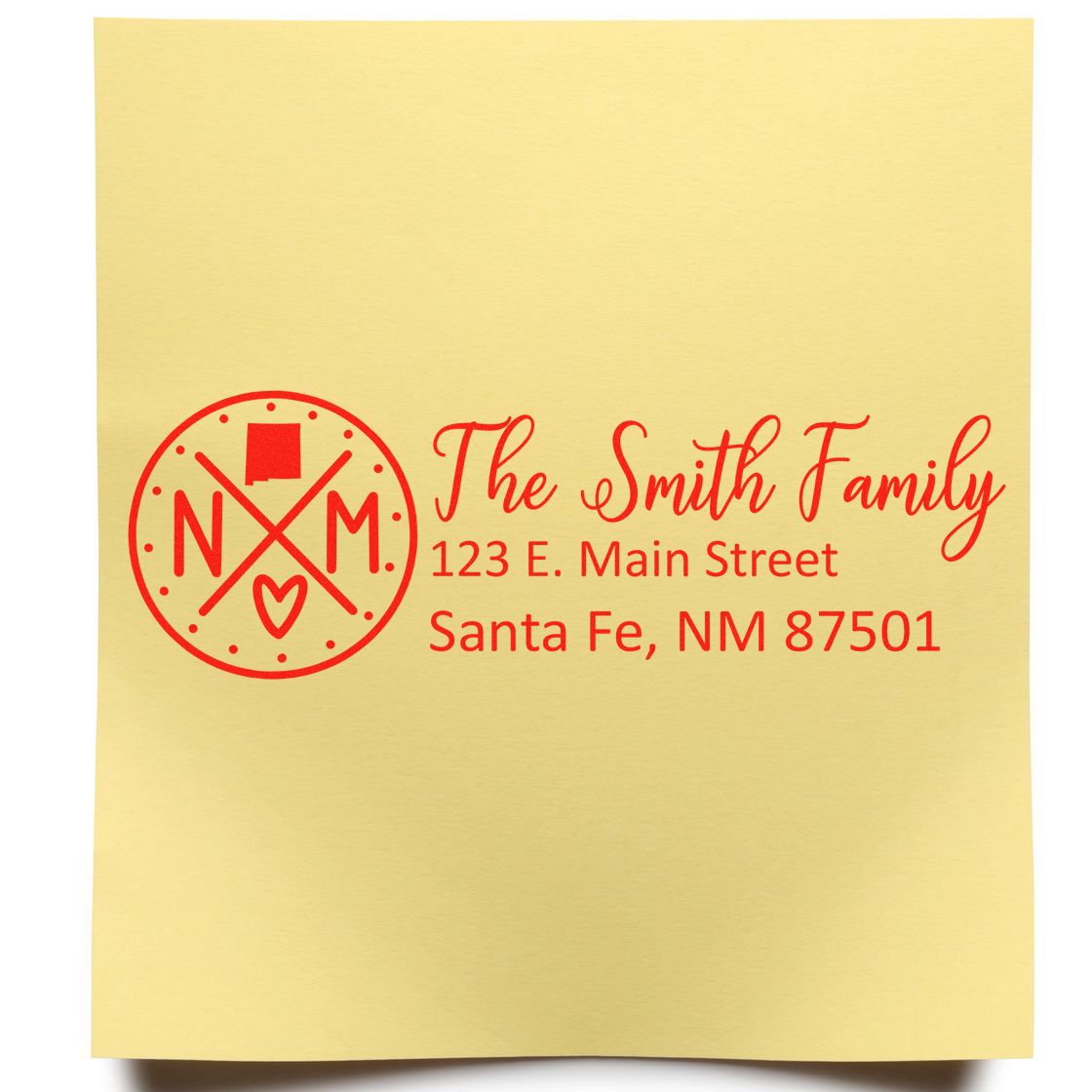 Personalized family return address rubber stamp with monogram logo, The Smith Family, 123 E. Main Street, Santa Fe, NM 87501.