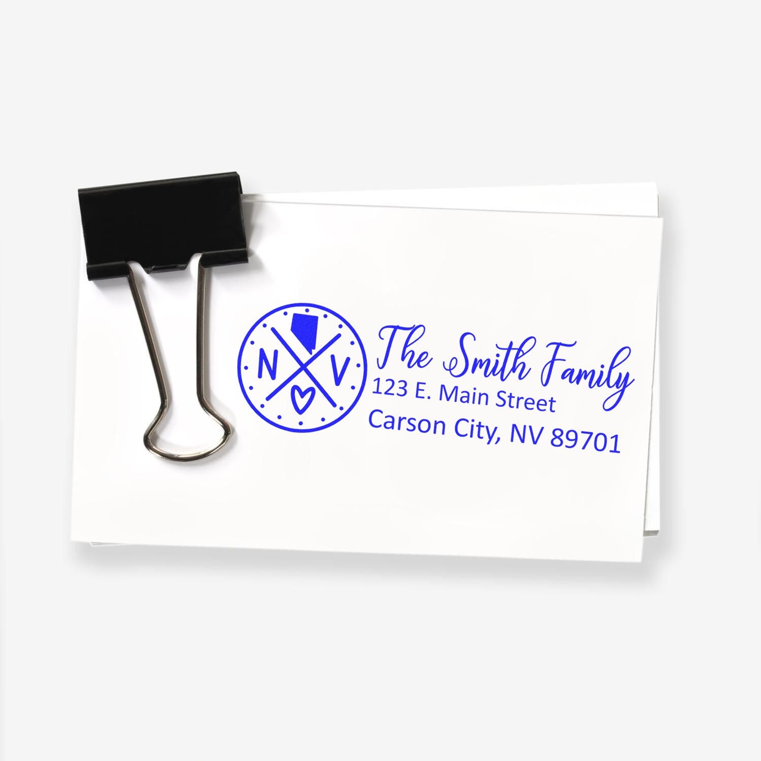Custom family return address rubber stamp for The Smith Family, with monogram logo and Carson City, NV mailing address.