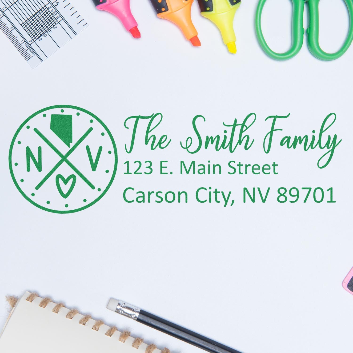 Custom return address rubber stamp for The Smith Family, with monogram logo and Carson City, NV mailing address.