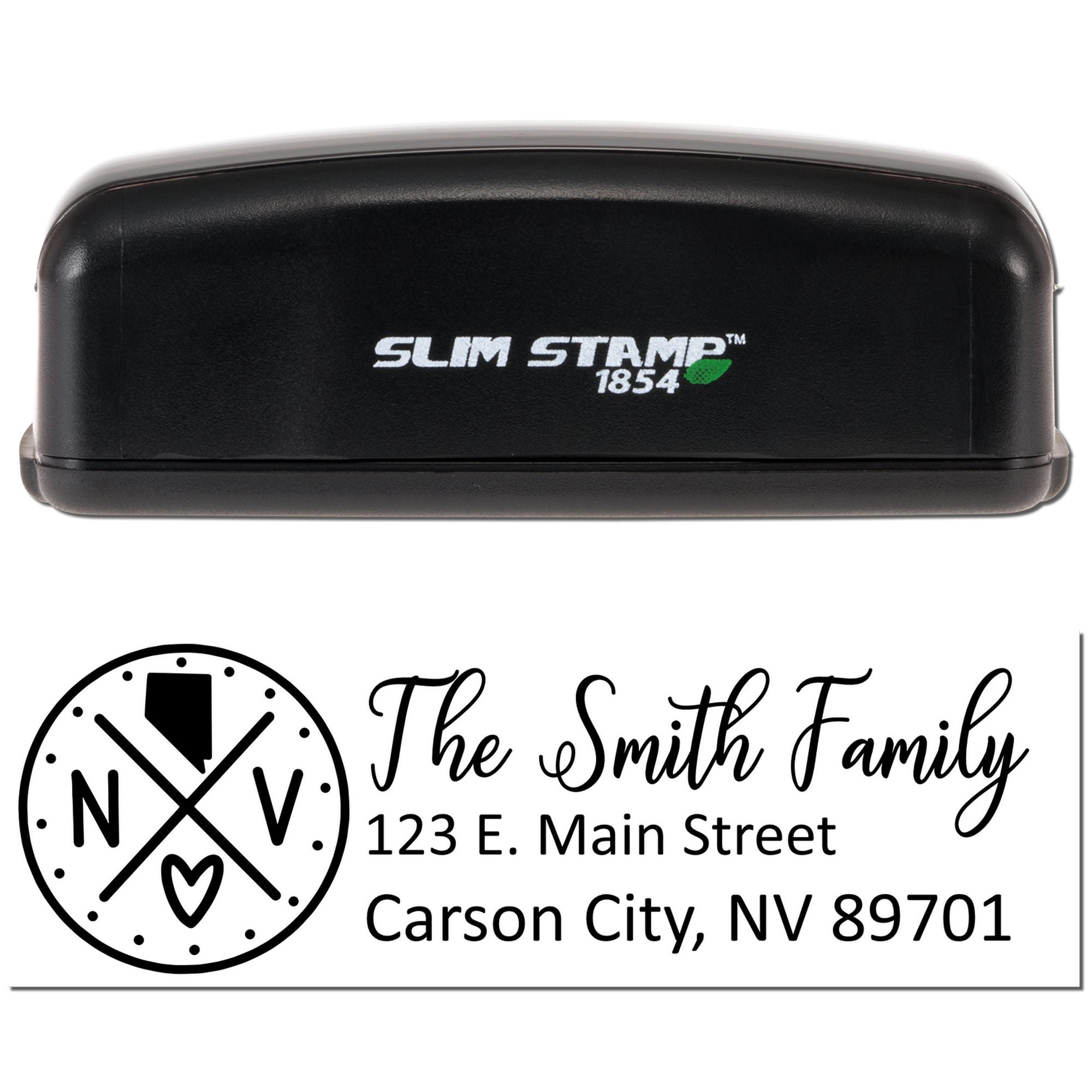 Slim Stamp 1854 custom return address rubber stamp with Smith family monogram, name, and Carson City, NV address.