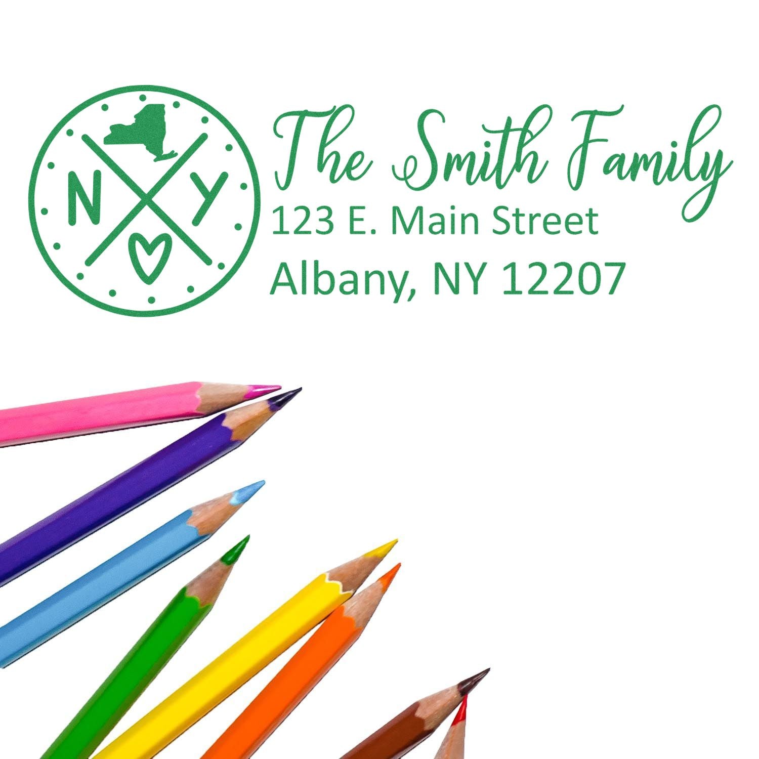 Custom family address rubber stamp with New York monogram logo for The Smith Family, Albany, NY 12207.