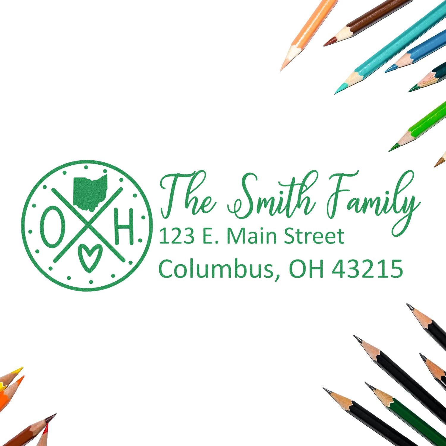 Custom Ohio family return address rubber stamp for The Smith Family, Columbus, OH 43215, with pencil border.