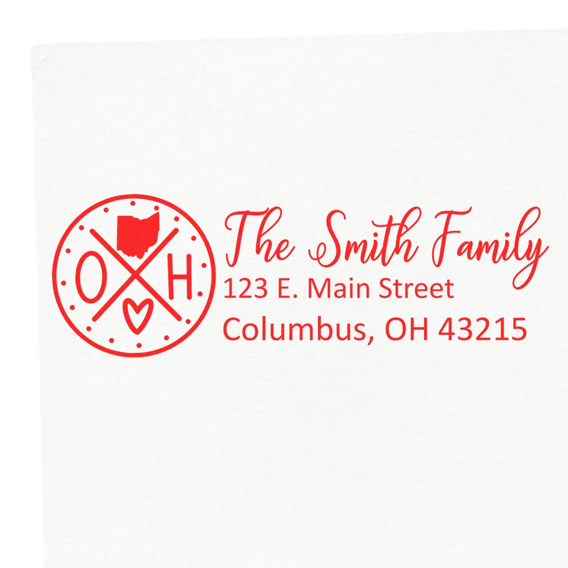 Custom Ohio family address rubber stamp with Smith Family name, Columbus, OH address, and monogram heart design.
