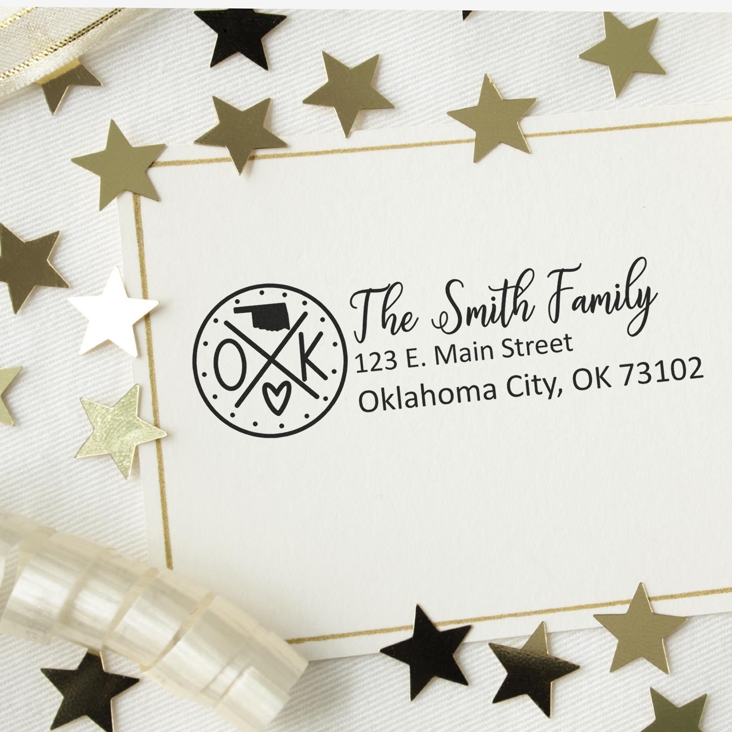 Custom return address rubber stamp for The Smith Family, featuring OK monogram for personalized envelopes and cards.