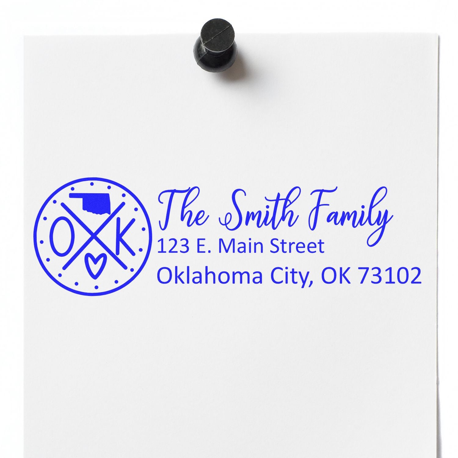Custom rubber return address stamp for The Smith Family, Oklahoma City, OK, with Oklahoma state logo.
