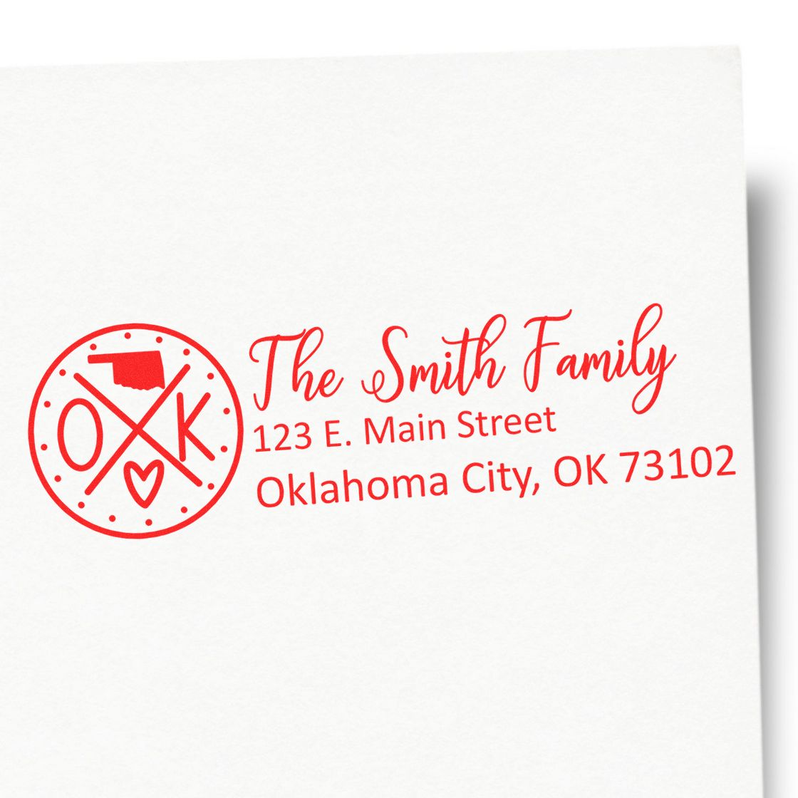 Personalized family address rubber stamp with Oklahoma design, The Smith Family, 123 E. Main Street, Oklahoma City, OK 73102