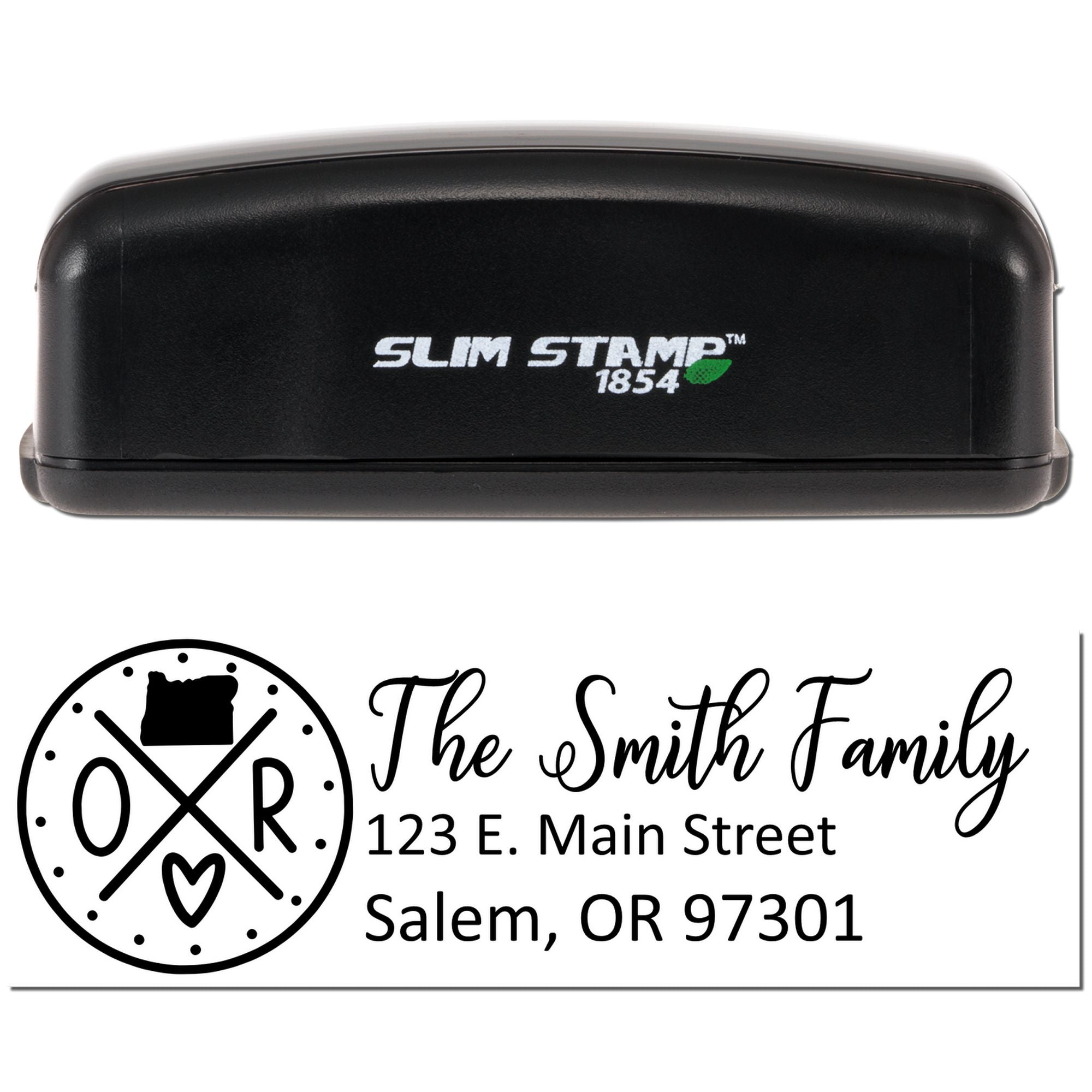 Custom return address rubber stamp for The Smith Family, Salem, OR 97301, shown with Slim Stamp 1854 case.