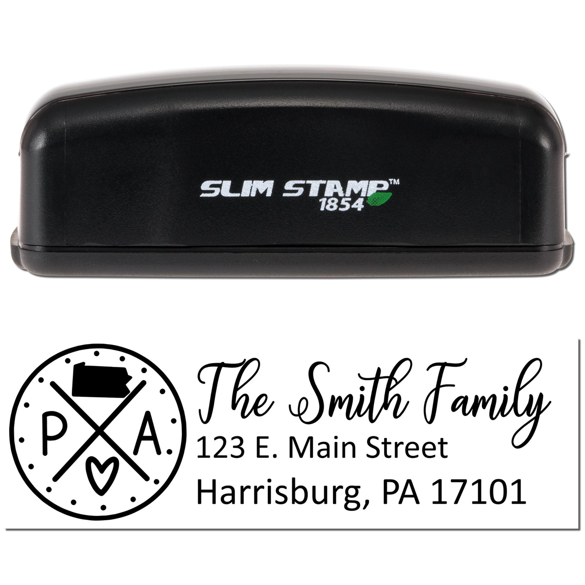 Personalized address rubber stamp design for The Smith Family, Harrisburg PA 17101, shown with Slim Stamp 1854.