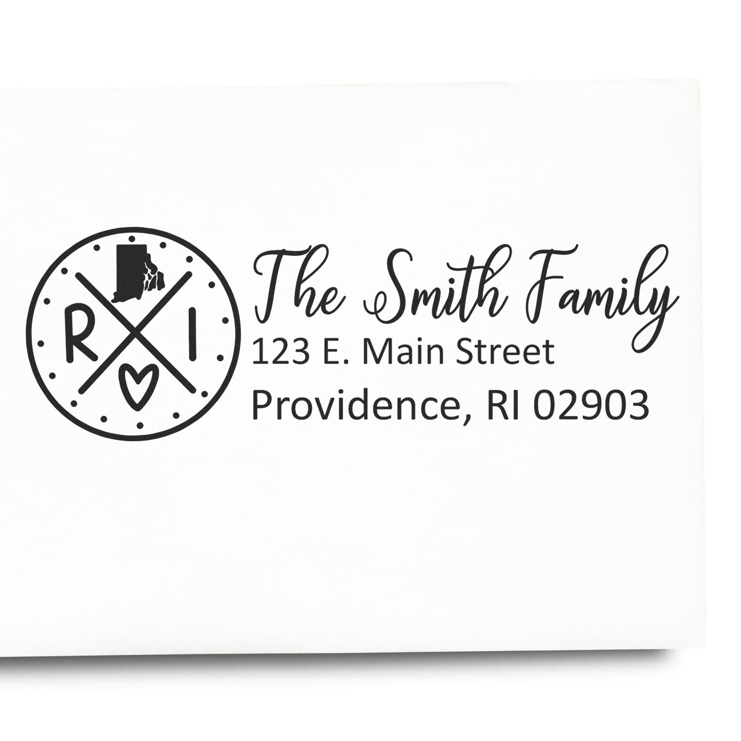 Custom family return address rubber stamp with Rhode Island monogram for The Smith Family, Providence, RI 02903