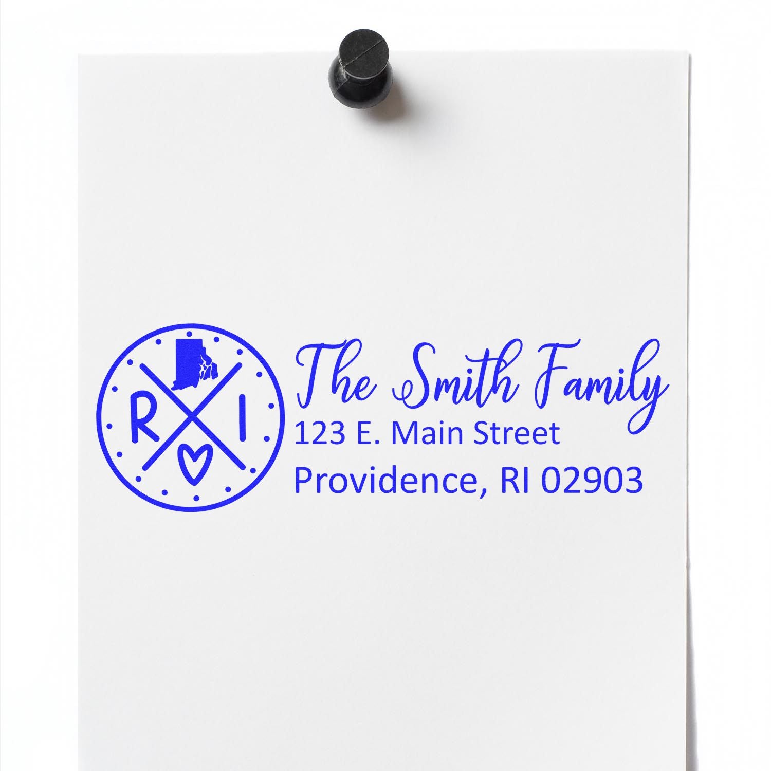 Custom return address rubber stamp for The Smith Family with Rhode Island monogram and Providence, RI 02903 address.