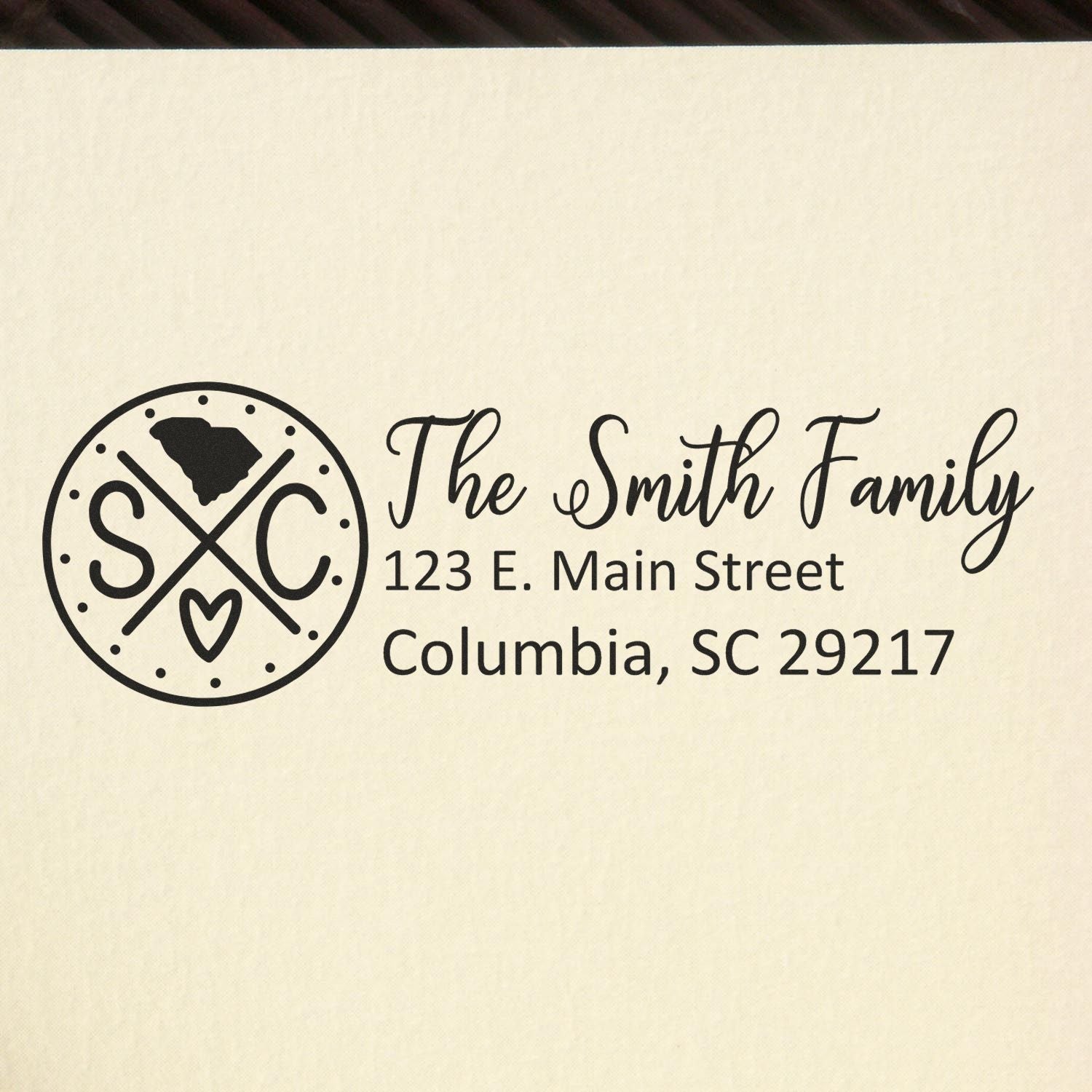 Custom rubber stamp for The Smith Family return address with monogram logo, Columbia, SC 29217