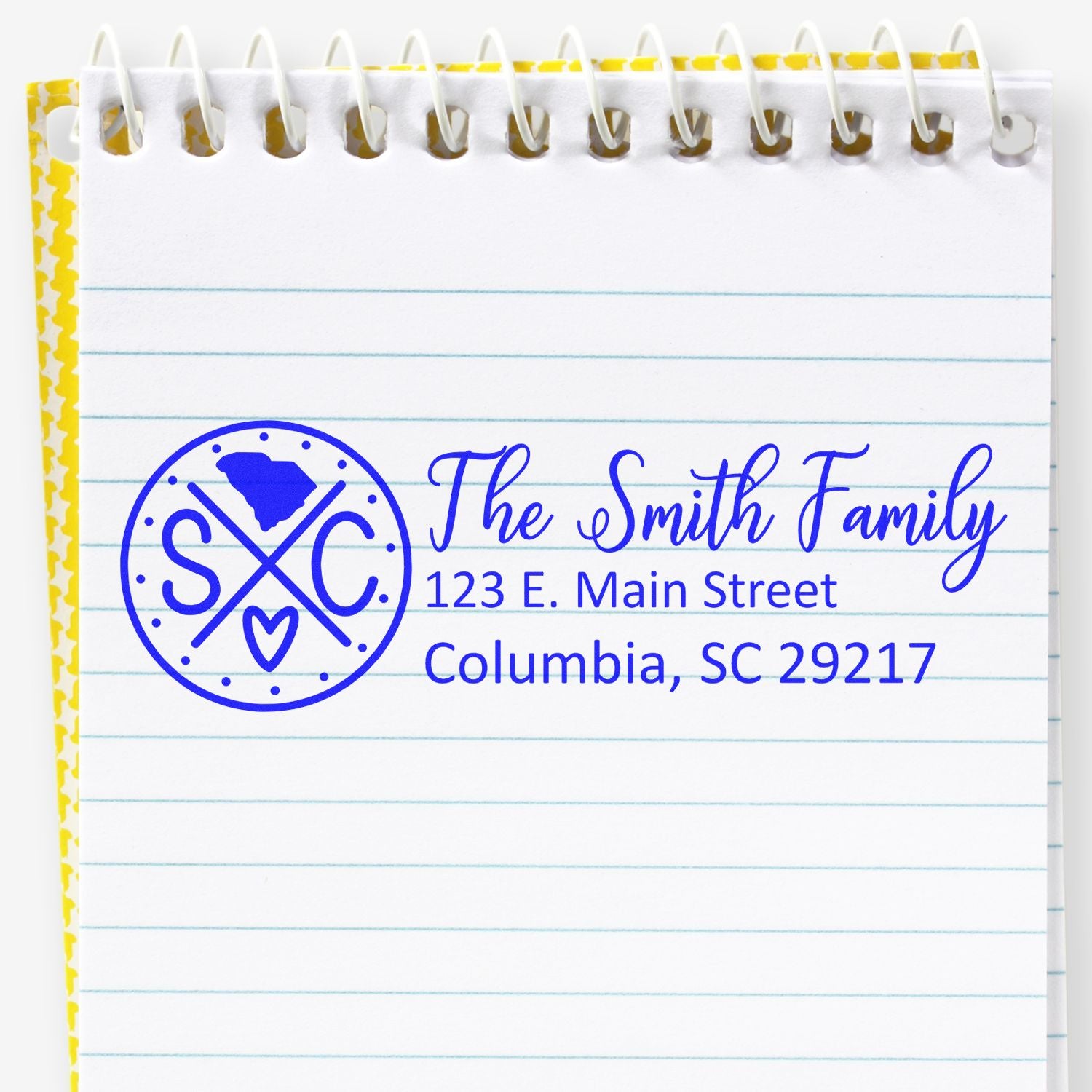 Custom family return address rubber stamp for The Smith Family, with monogram logo and Columbia, SC 29217.