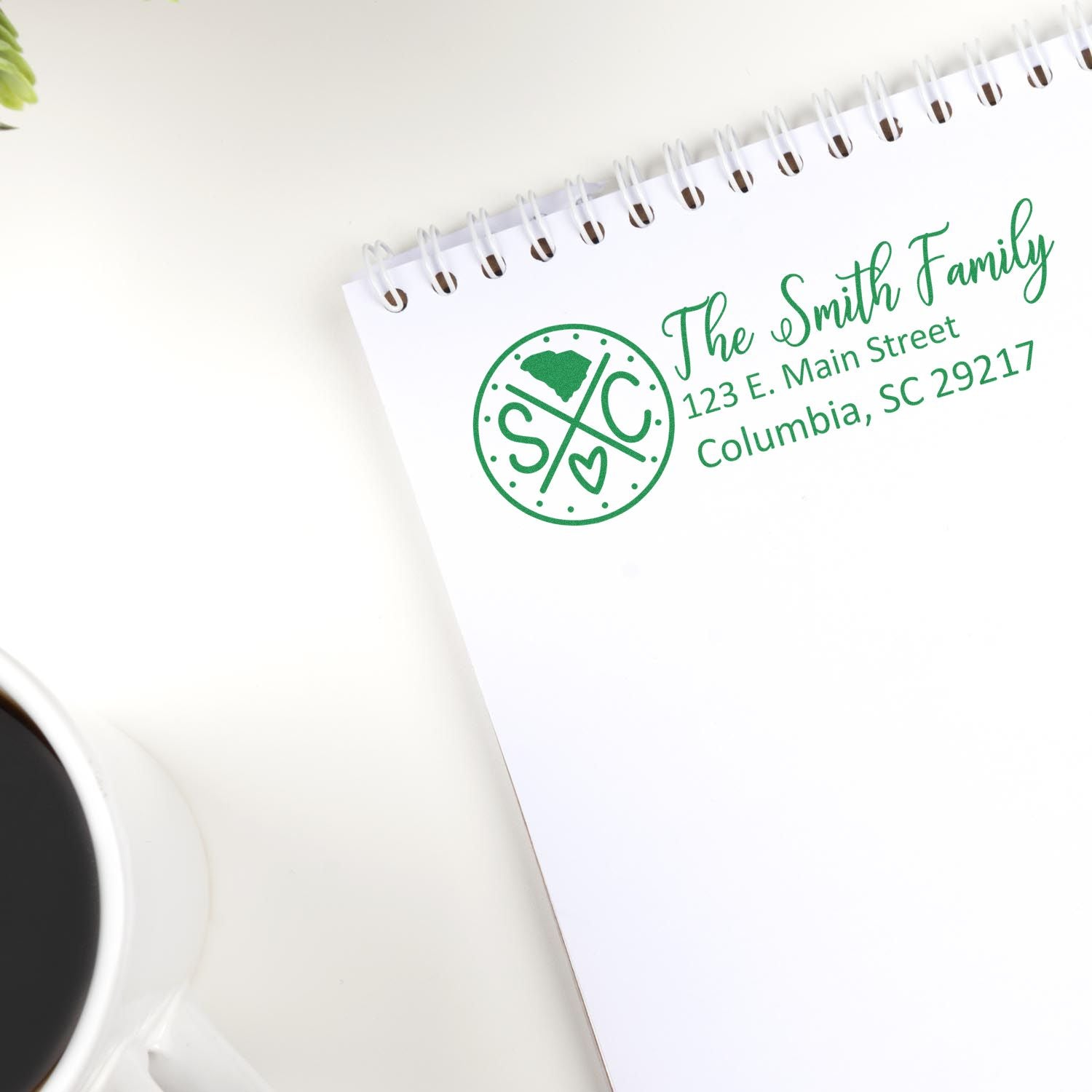 Personalized rubber stamp design for The Smith Family return address, featuring monogram logo and Columbia, SC address.