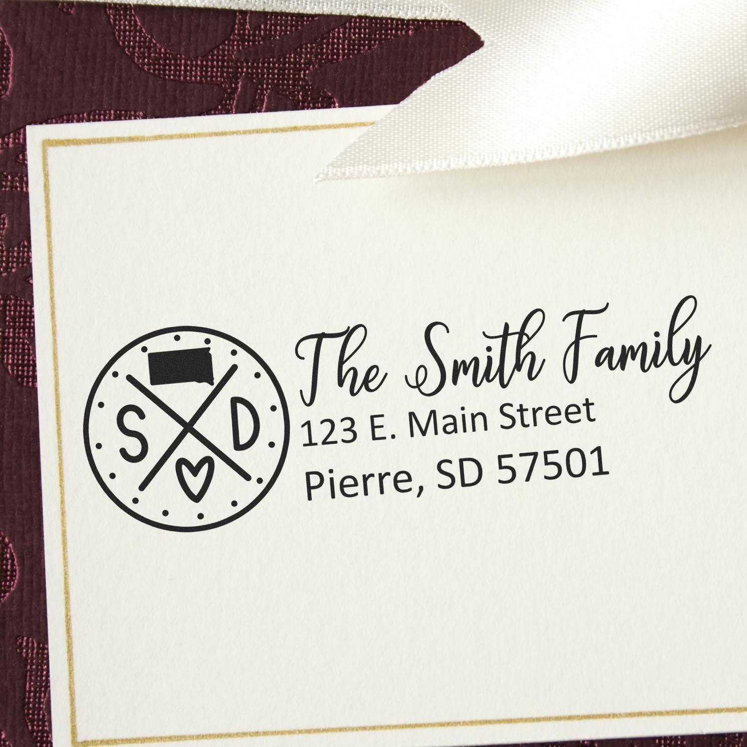Personalized family return address rubber stamp with monogram, The Smith Family, Pierre, SD.