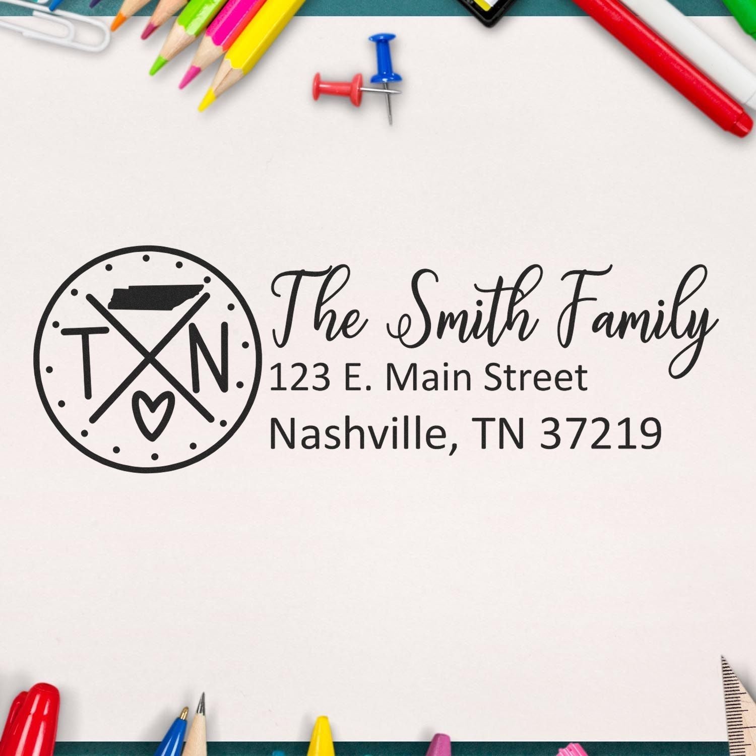 Custom rubber address stamp with Smith family monogram and Nashville, TN return address.