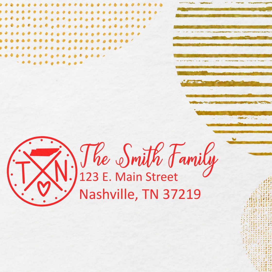 Personalized return address rubber stamp for The Smith Family with Nashville, TN address and TN monogram logo.