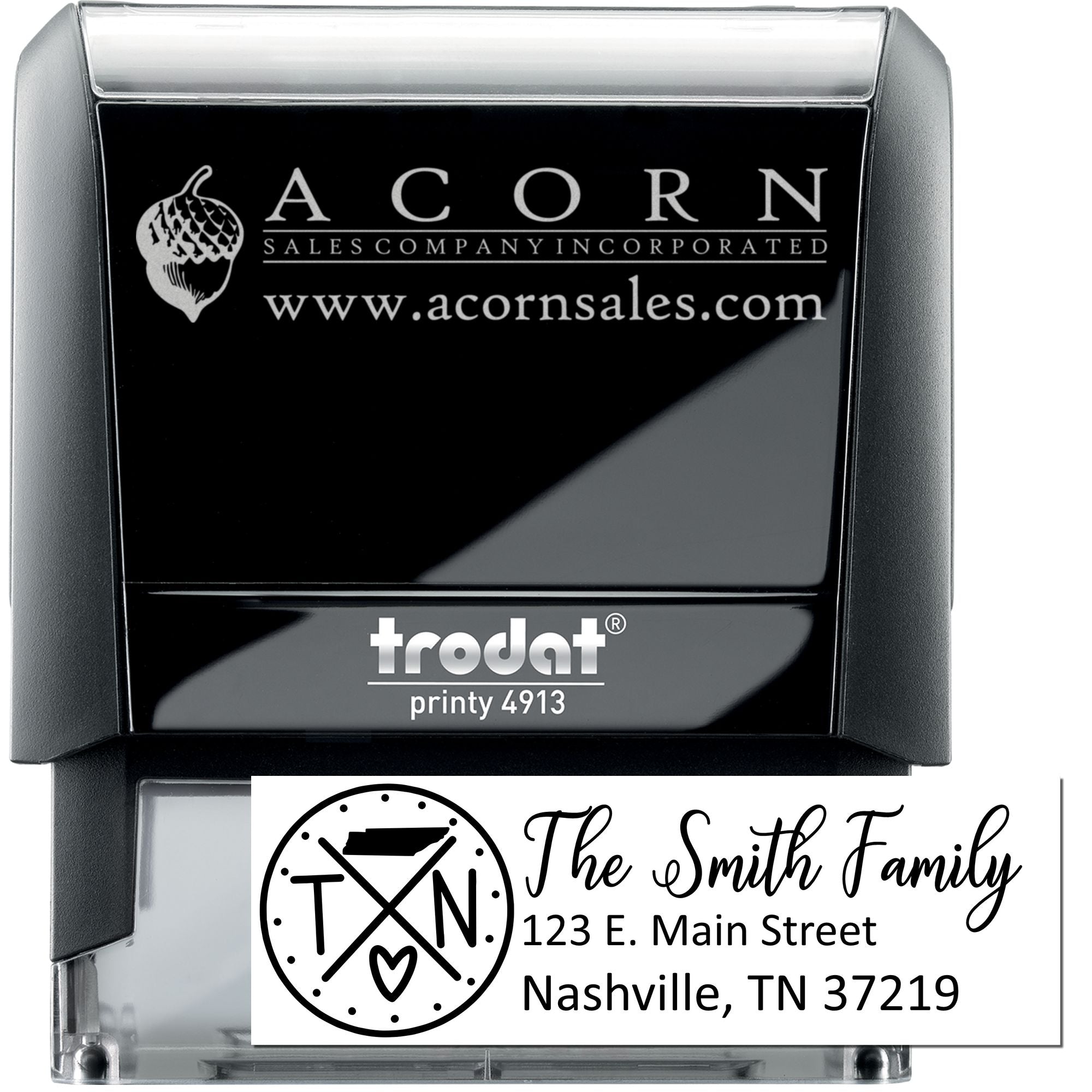 Custom self-inking rubber address stamp with Trodat Printy 4913, featuring The Smith Family return address in Nashville, TN.