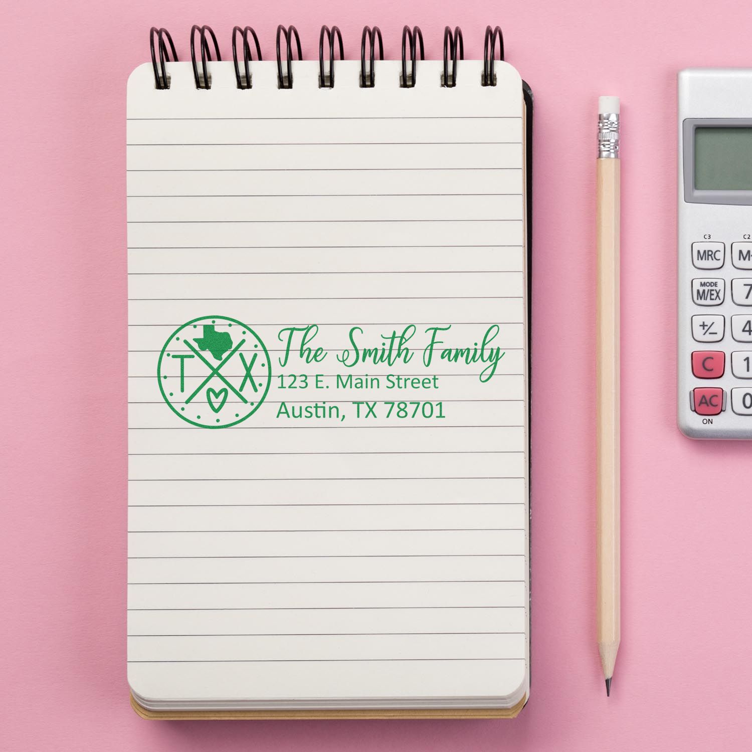 Custom Texas family address rubber stamp design with The Smith Family, Austin, TX 78701 for envelopes and stationery.