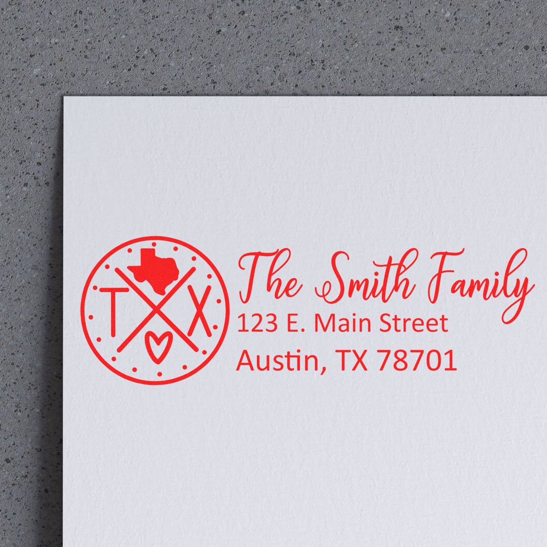 Custom Texas family return address rubber stamp with monogram logo, The Smith Family, Austin, TX address in red ink.