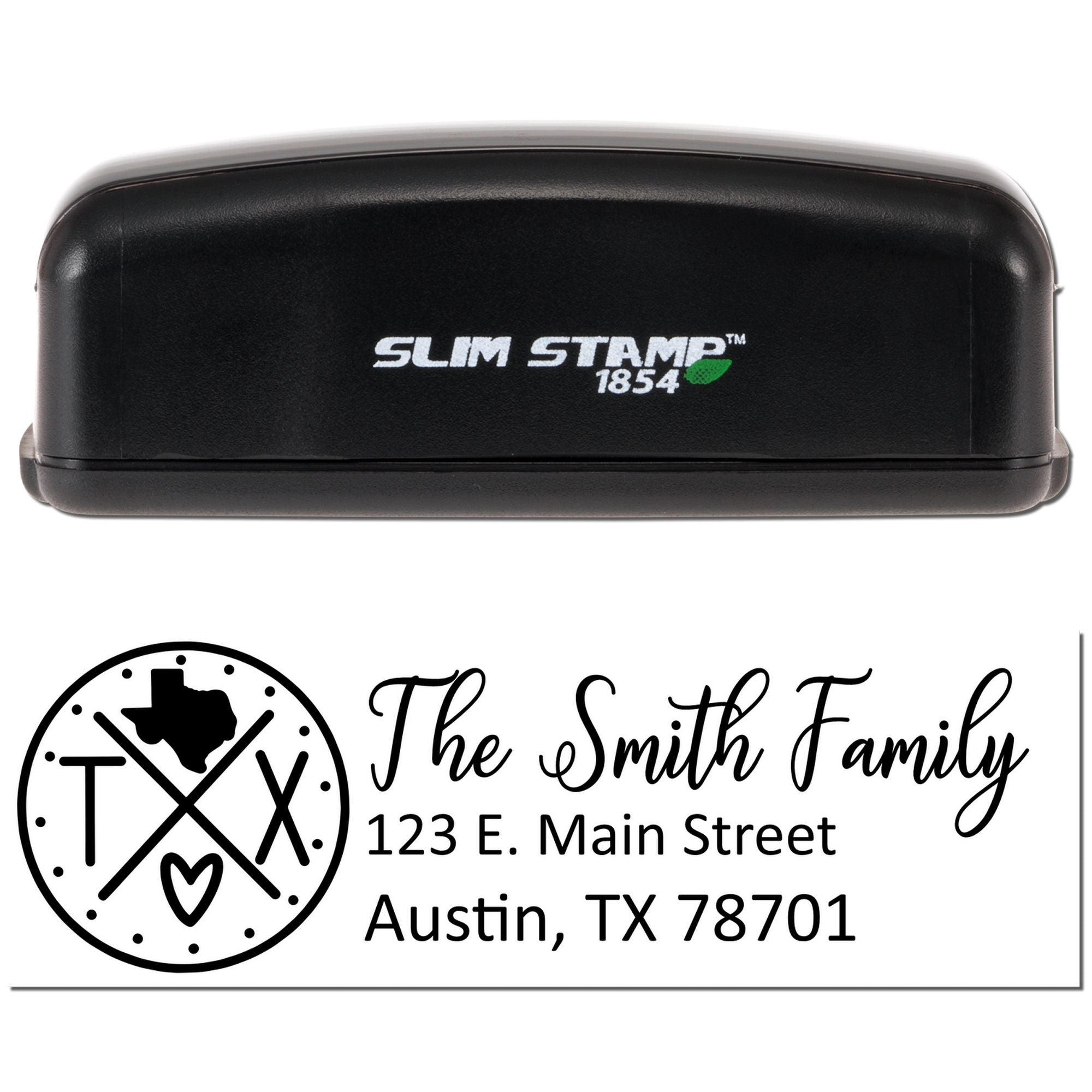 Custom Slim Stamp 1854 personalized rubber stamp with Texas monogram return address design for mailing and wedding invitations