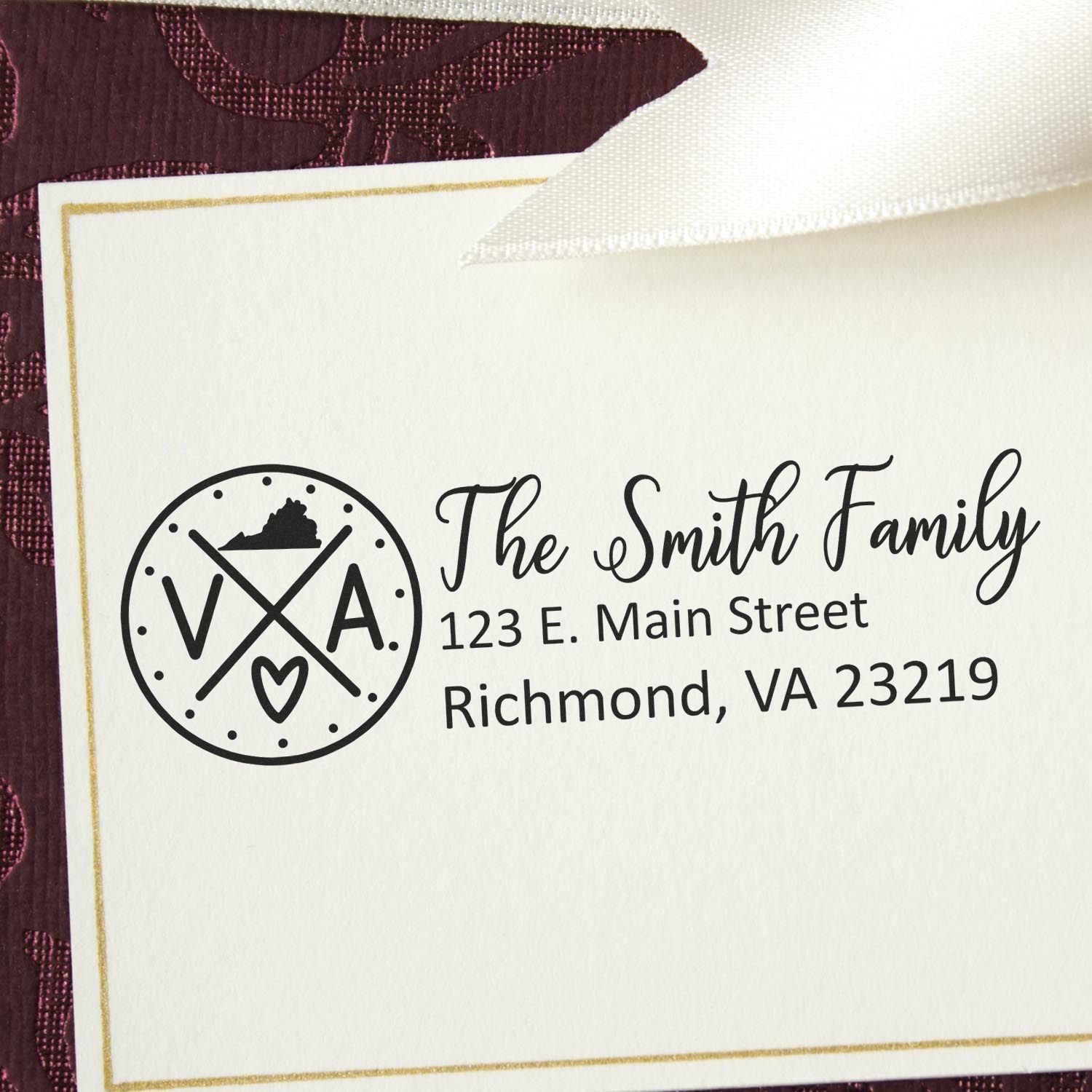 Custom return address rubber stamp for The Smith Family, featuring monogram logo and Richmond, VA address.