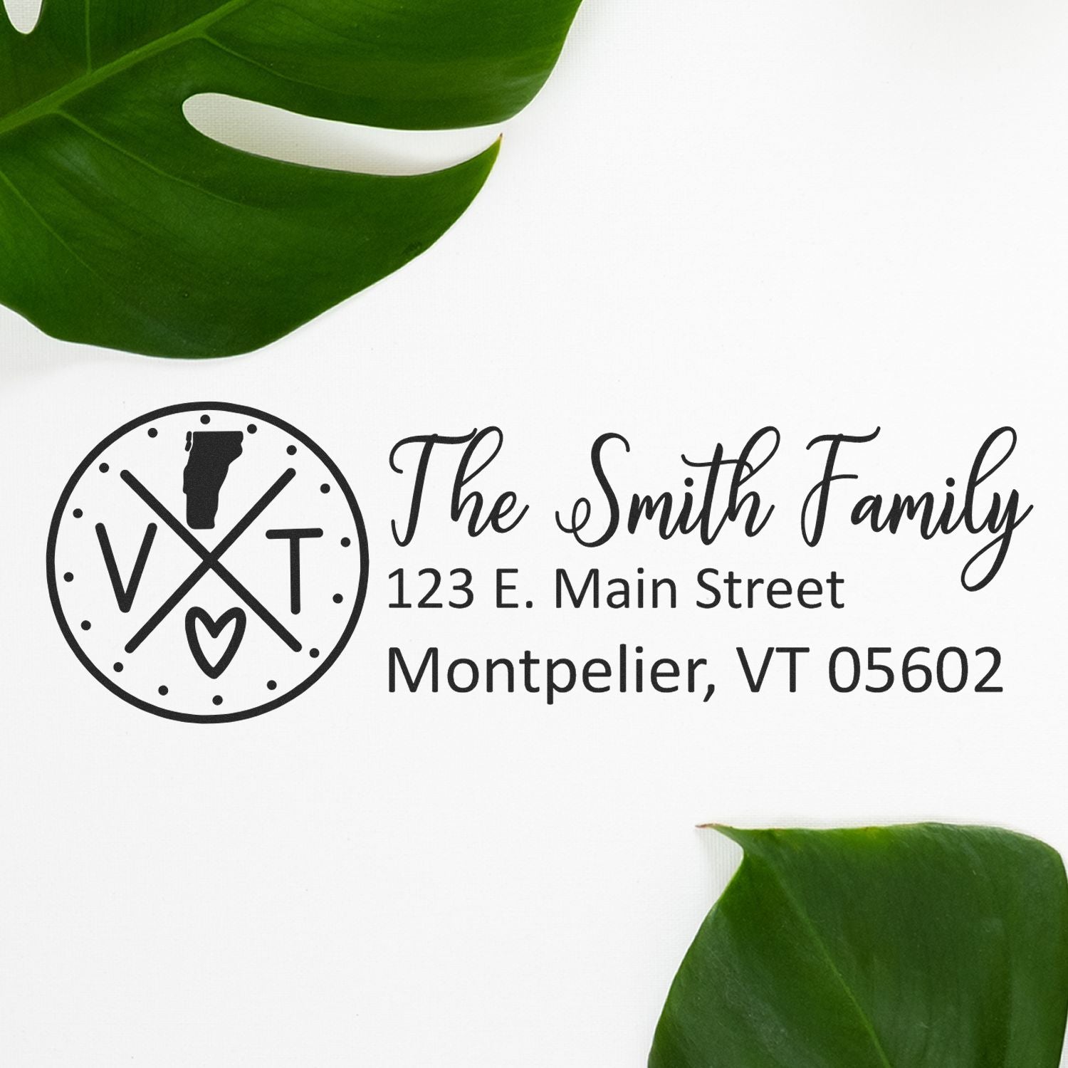 Custom family return address stamp for The Smith Family, Montpelier, VT, with monogram logo and personalized mailing address.