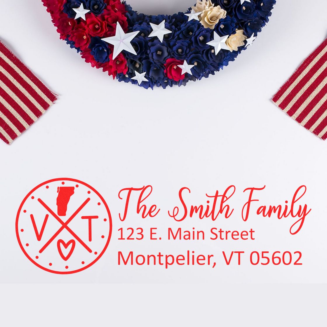 Custom Vermont return address rubber stamp for The Smith Family, Montpelier, VT, with patriotic red, white and blue design.