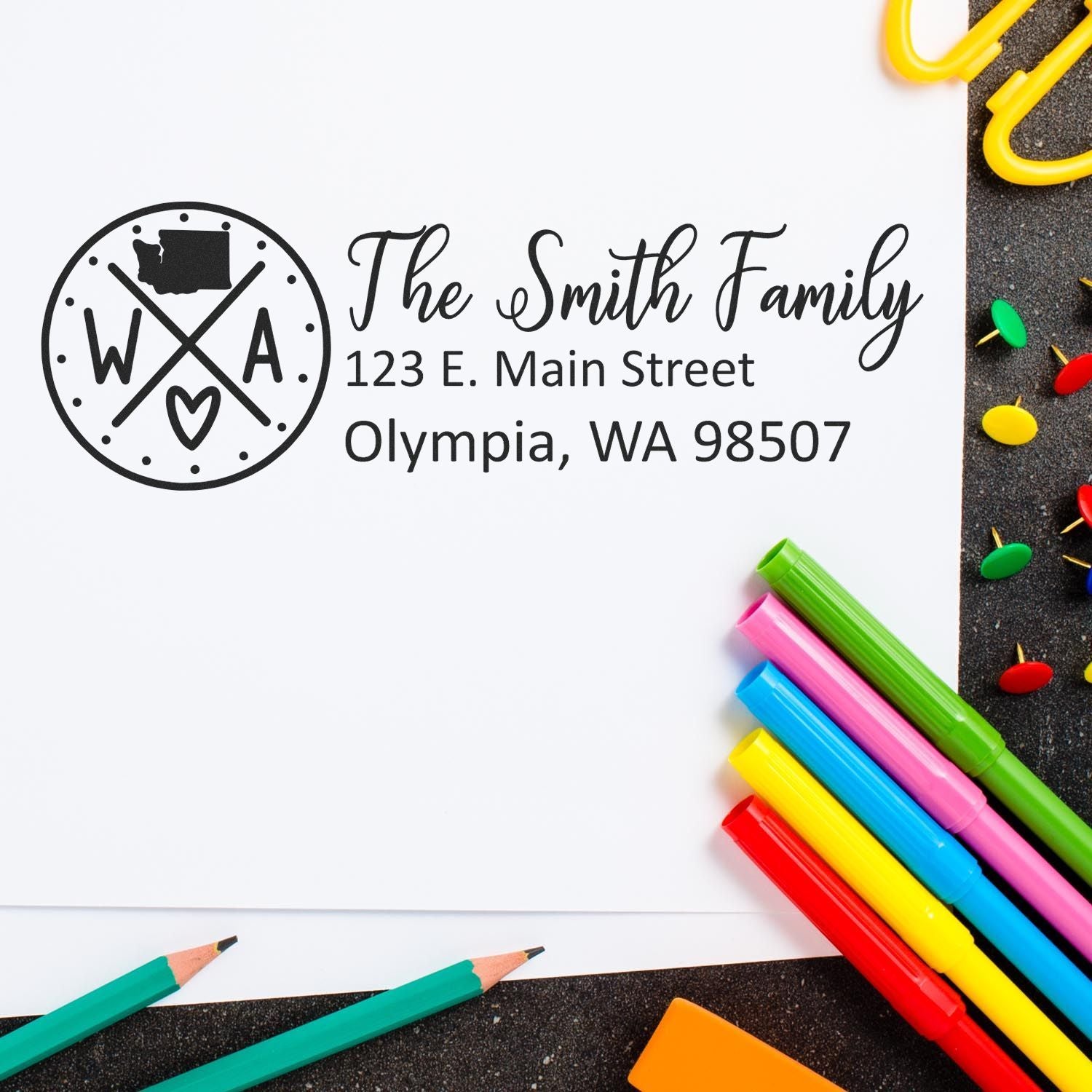 Custom family return address rubber stamp with monogram, The Smith Family, Olympia, WA 98507
