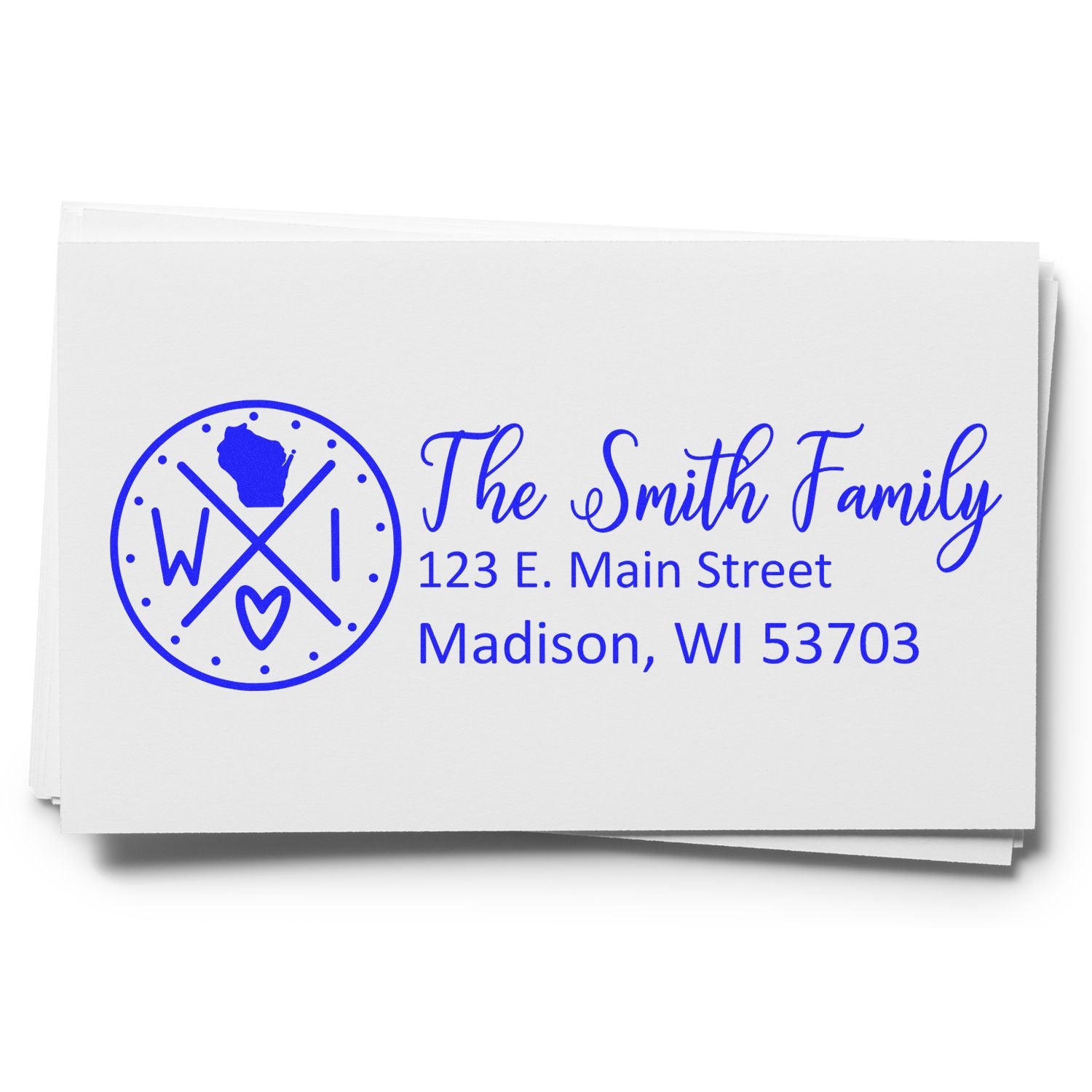 Personalized family return address rubber stamp with monogram logo, The Smith Family, 123 E. Main Street, Madison, WI 53703