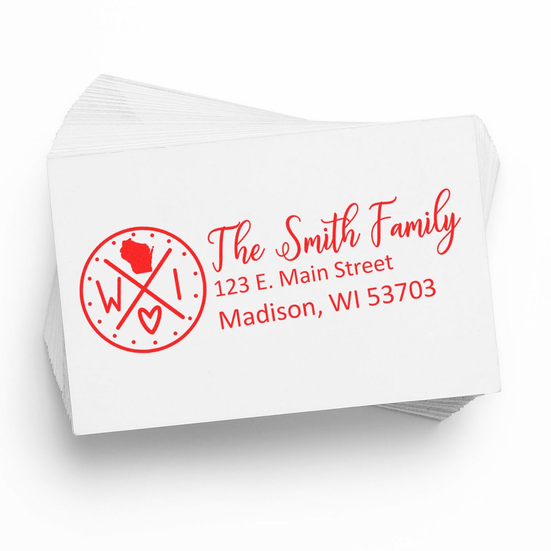 Personalized return address rubber stamp for The Smith Family, featuring Madison, WI 53703 and custom monogram logo.