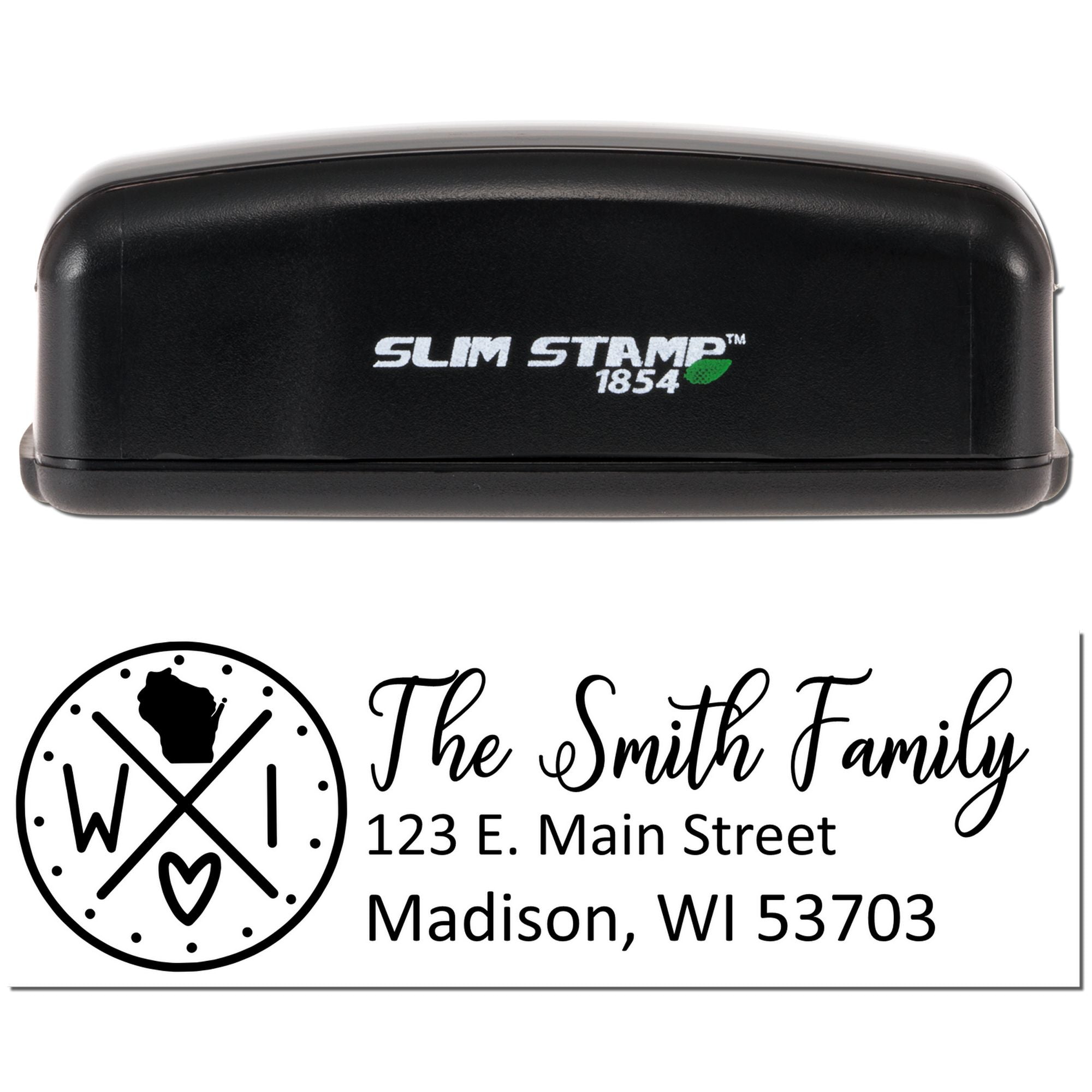 Custom Slim Stamp 1854 rubber return address stamp for The Smith Family, 123 E. Main Street, Madison, WI 53703.