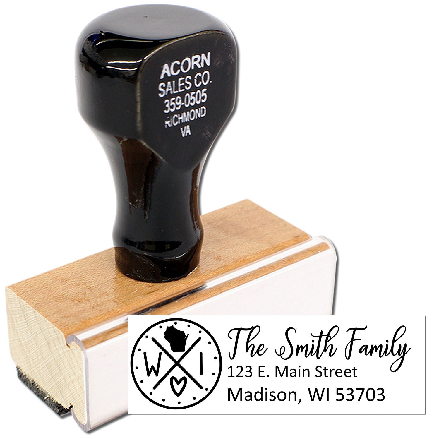 Custom family address rubber stamp with monogram, ideal for wedding invitations, return addresses and personal stationery.