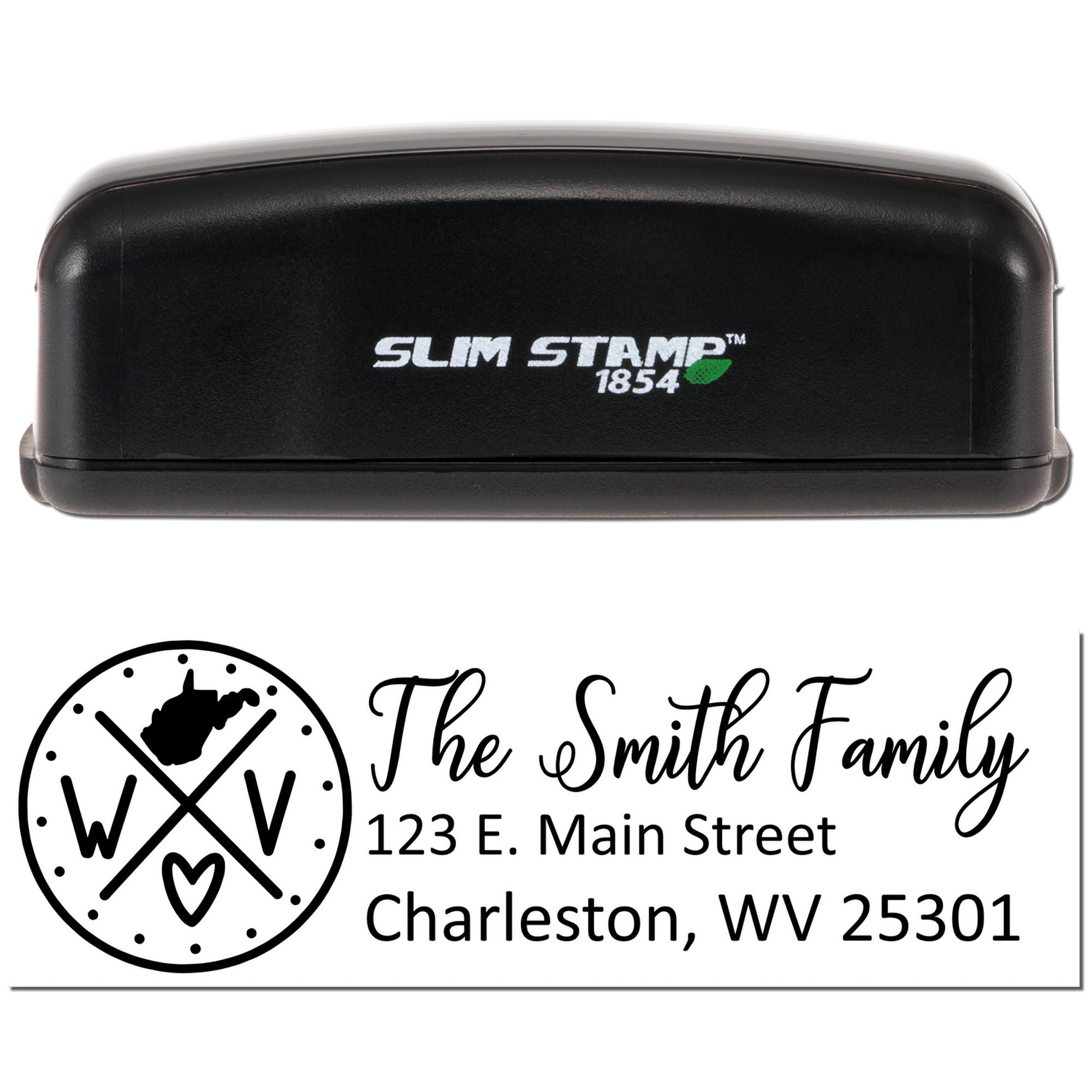 Custom Slim Stamp 1854 self-inking rubber stamp with family monogram and return address design for The Smith Family, Charleston, WV