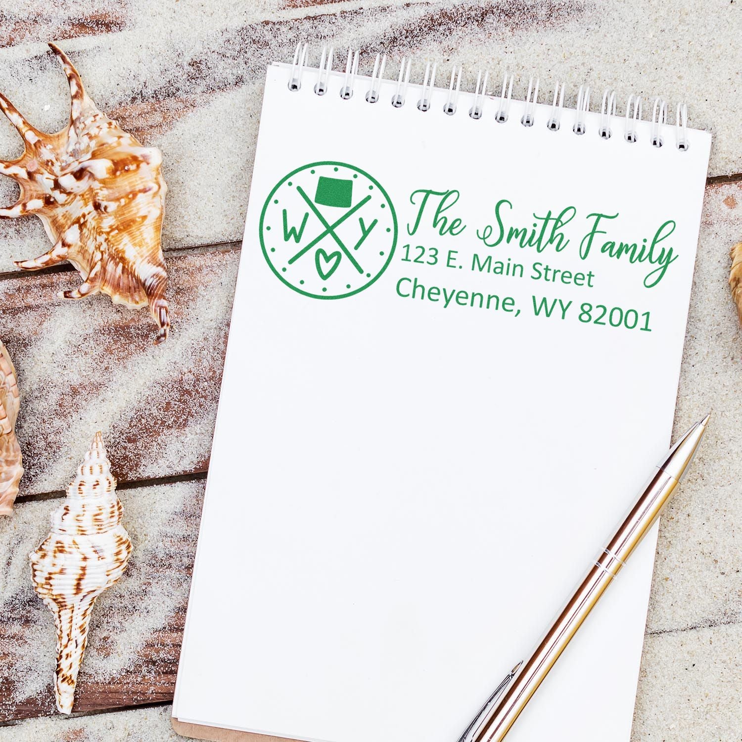 Custom return address rubber stamp with beach-themed monogram for The Smith Family, Cheyenne WY 82001
