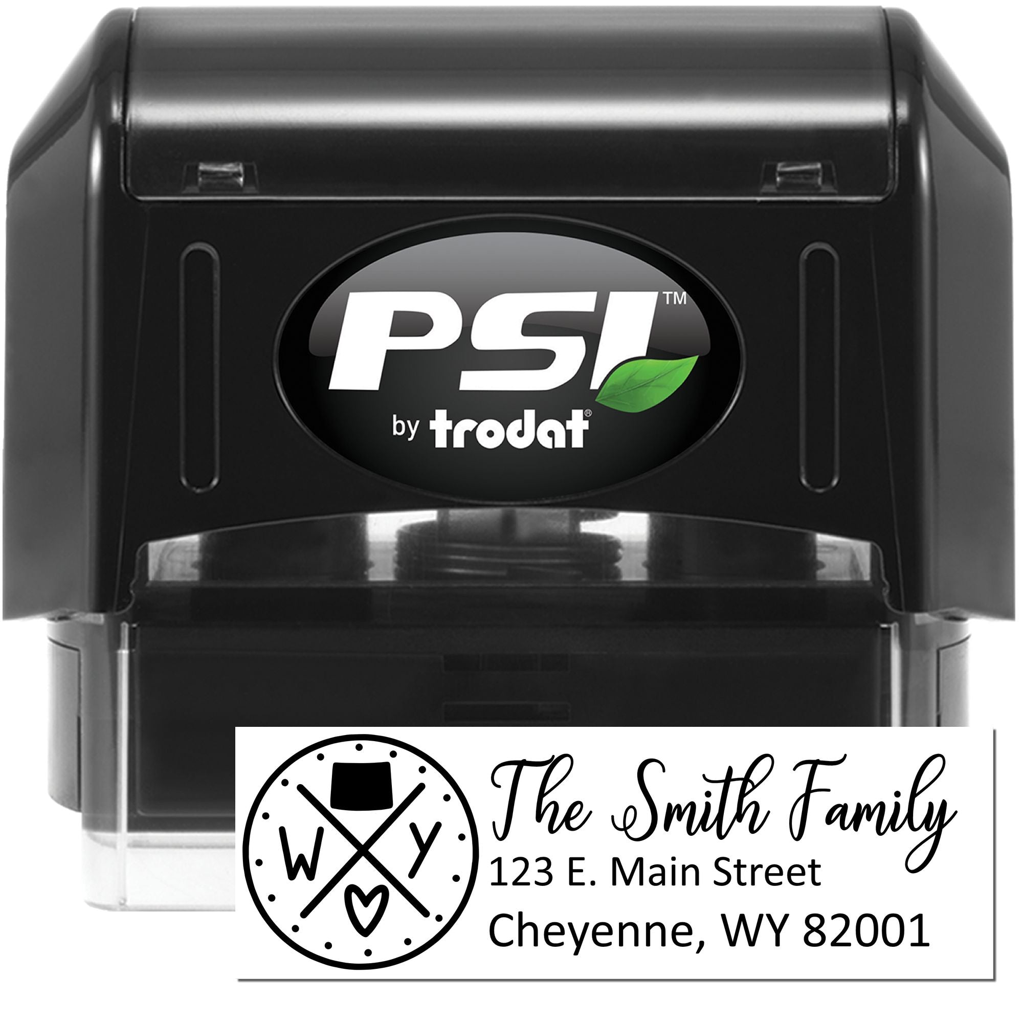 PSI by Trodat self-inking custom rubber address stamp with The Smith Family return address imprint.
