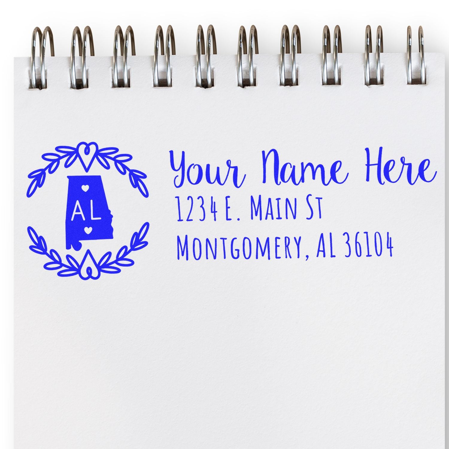 Personalized Alabama return address rubber stamp with monogram wreath, name placeholder, and Montgomery, AL mailing address.