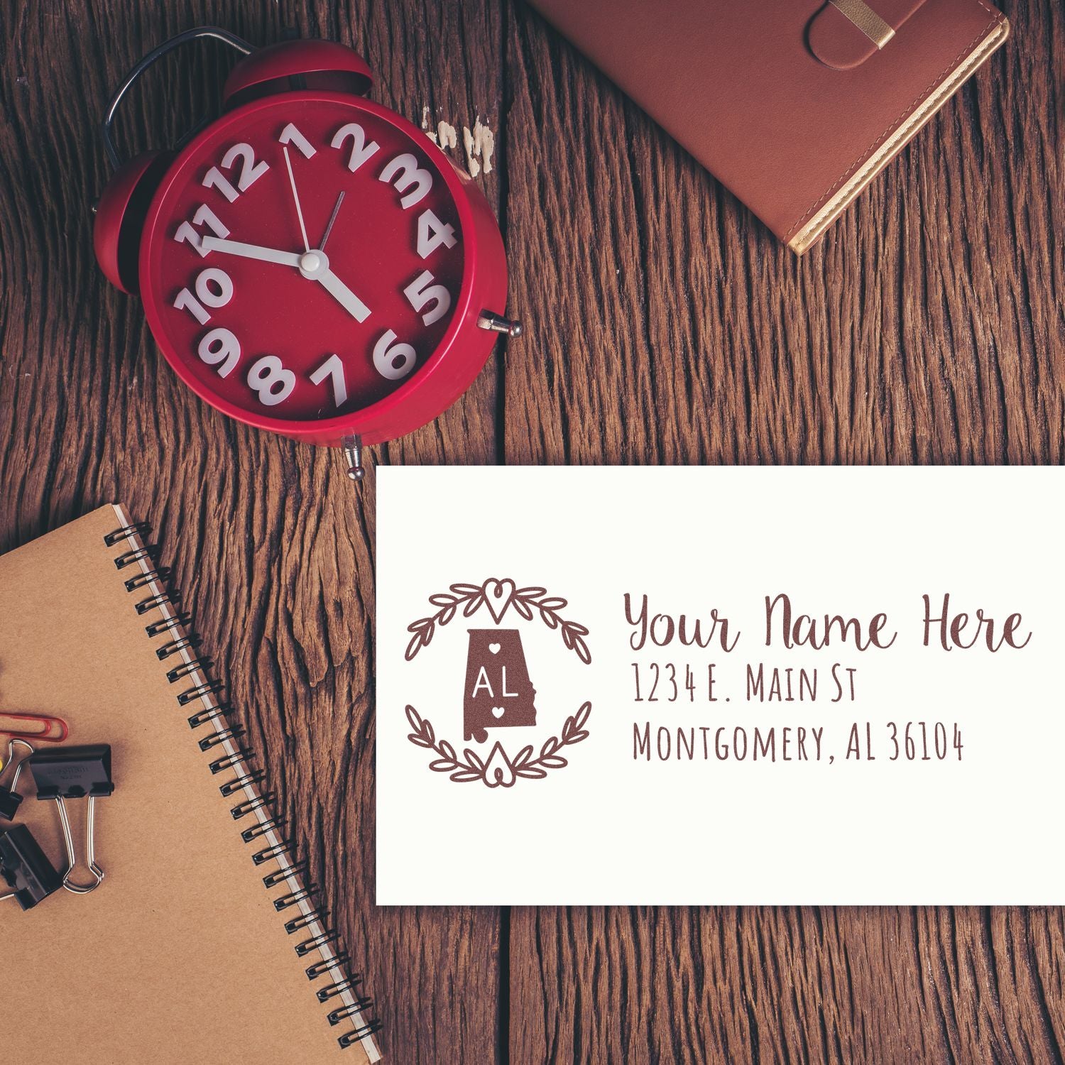 Custom Alabama address rubber stamp for personalized stationery, featuring name and mailing address sample design.