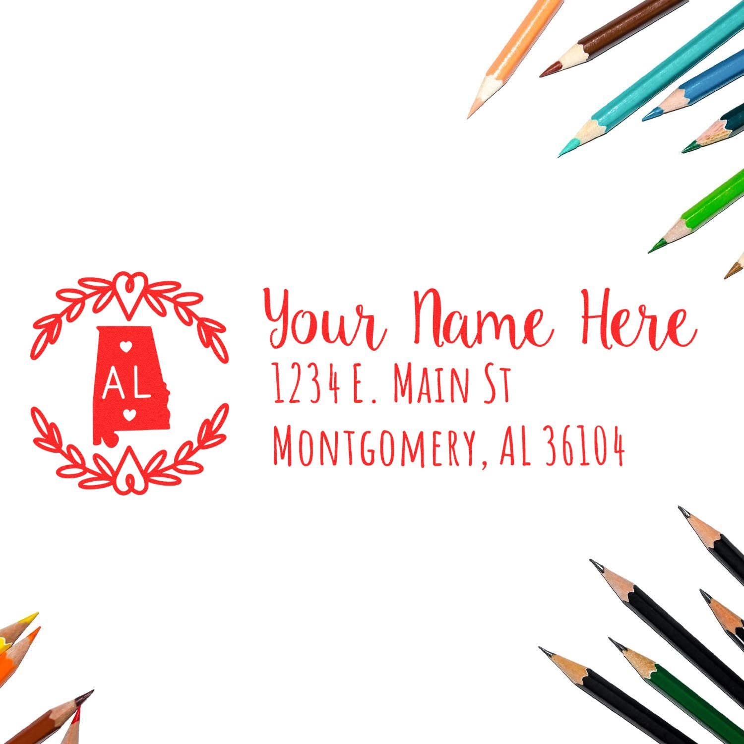 Custom Alabama return address rubber stamp with personalized name and address, decorative wreath design for mailing and stationery.