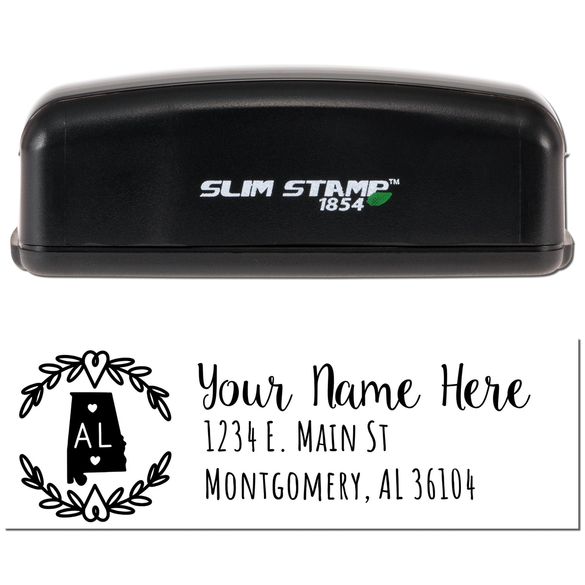 Custom return address rubber stamp with Alabama monogram and personalized name and mailing address, Slim Stamp 1854.