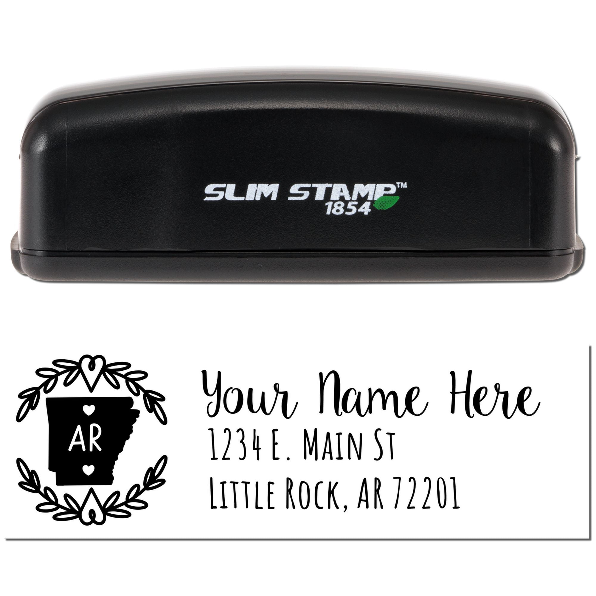 Slim Stamp 1854 custom rubber stamp with Arkansas return address design, personalized name and address block.