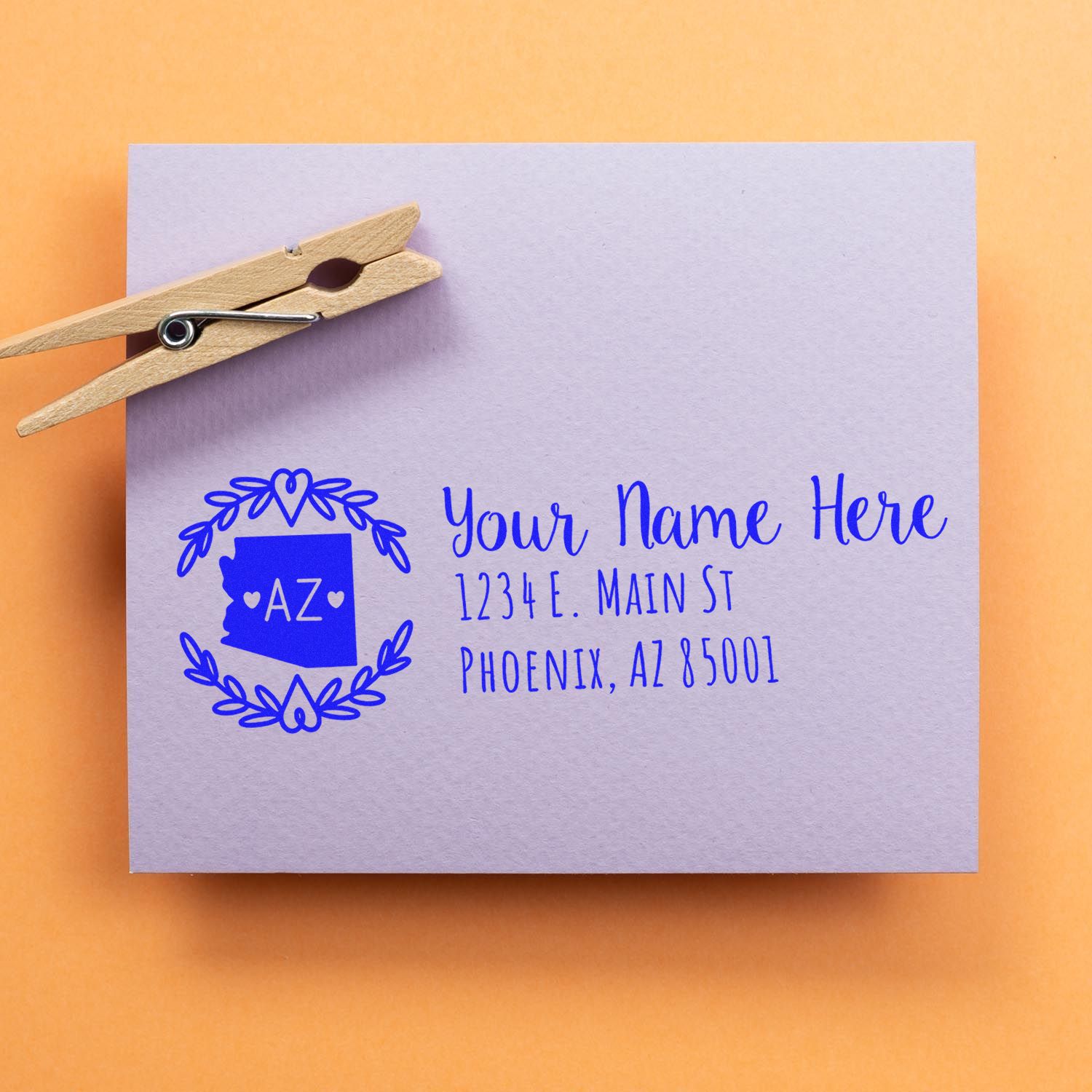 Personalized return address rubber stamp impression with AZ monogram, name, and Phoenix address on stationery