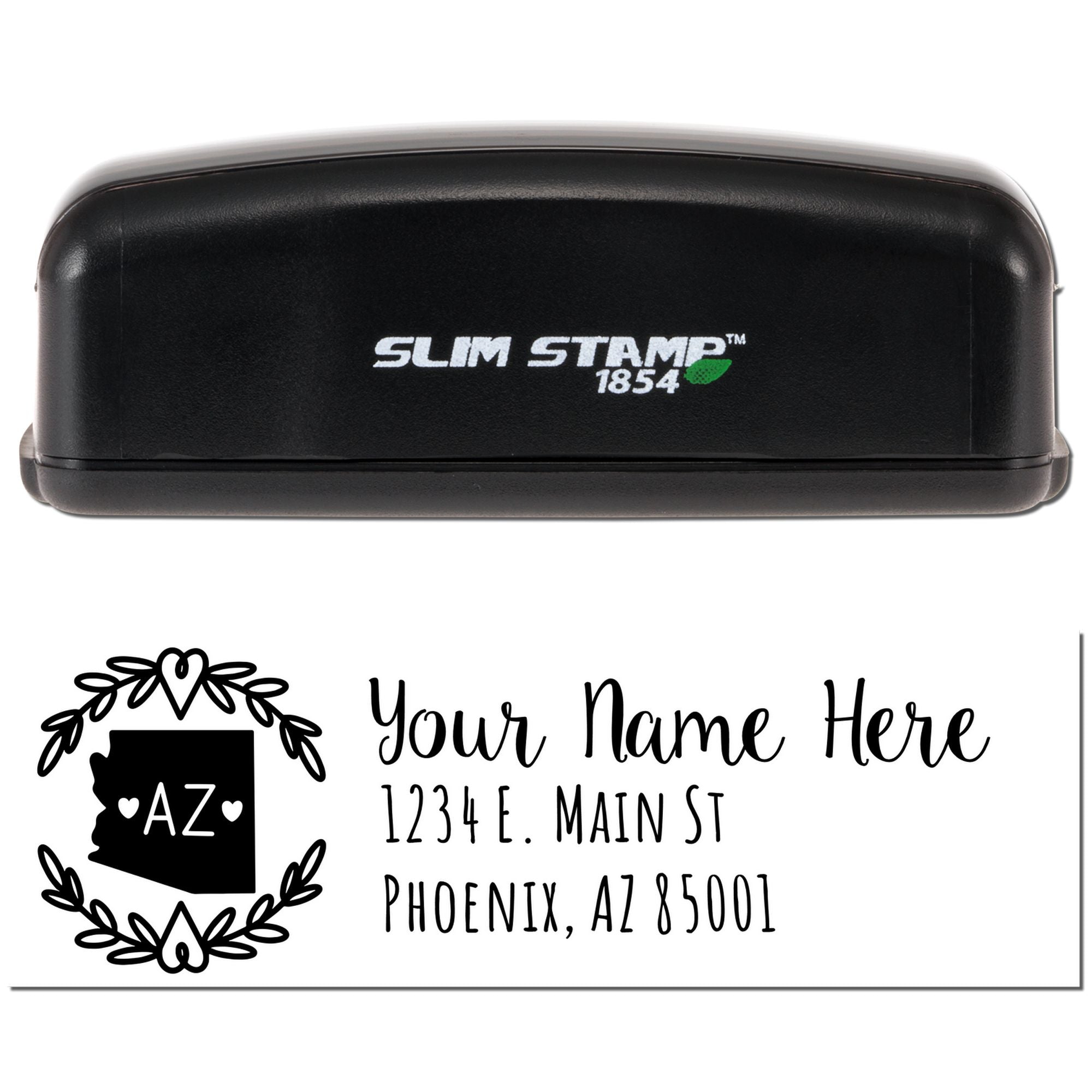 Slim Stamp 1854 custom address rubber stamp with Arizona design and personalized name, street address, and city ZIP imprint.