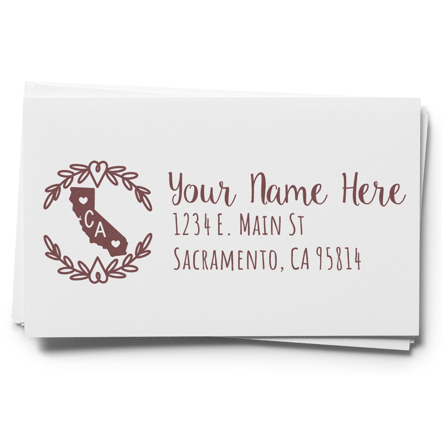 Custom California return address rubber stamp with wreath and state outline for personalized mail and wedding invitations