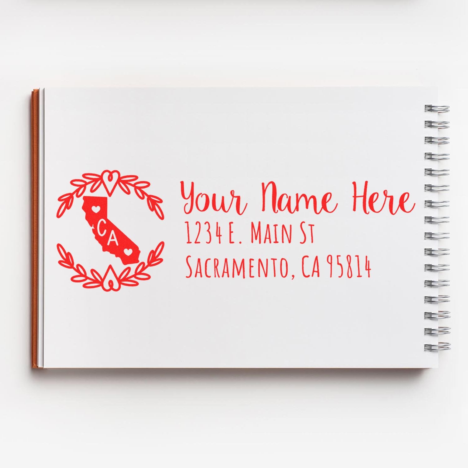 Custom California return address rubber stamp with monogram, name, and Sacramento, CA address