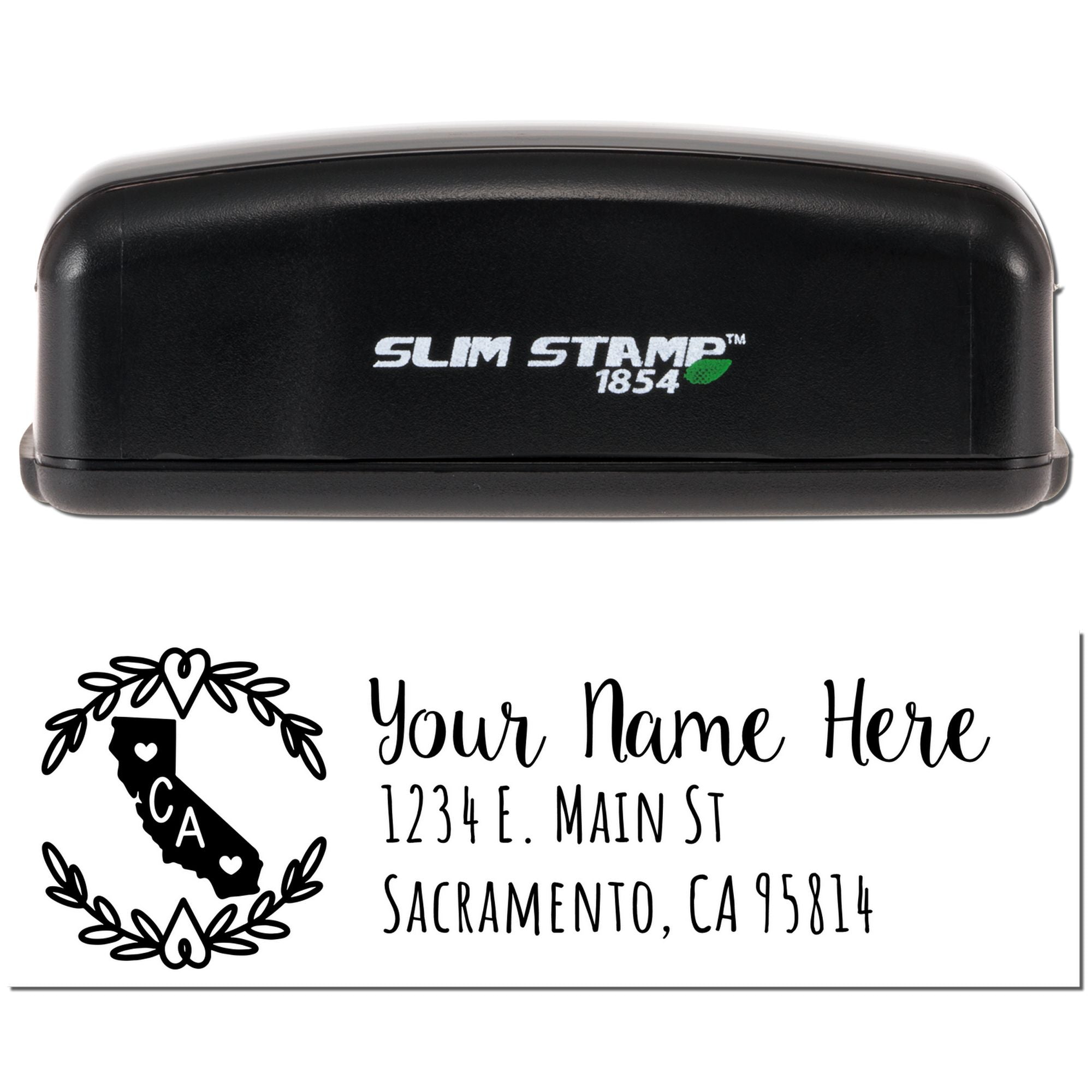 Slim Stamp 1854 custom self-inking rubber stamp with California address design and personalized name and return address.
