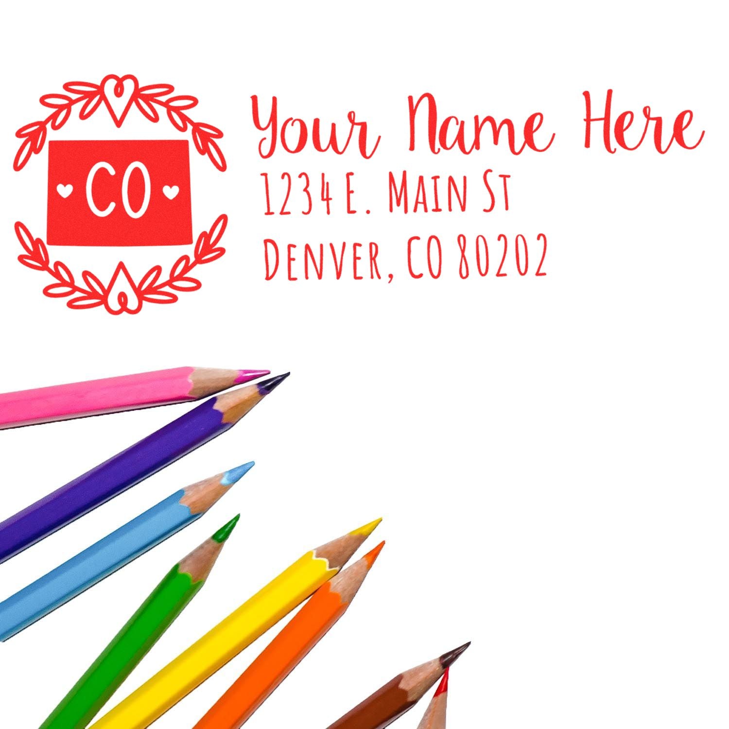 Custom Colorado return address rubber stamp with floral wreath, personalized name and Denver address for mailing.