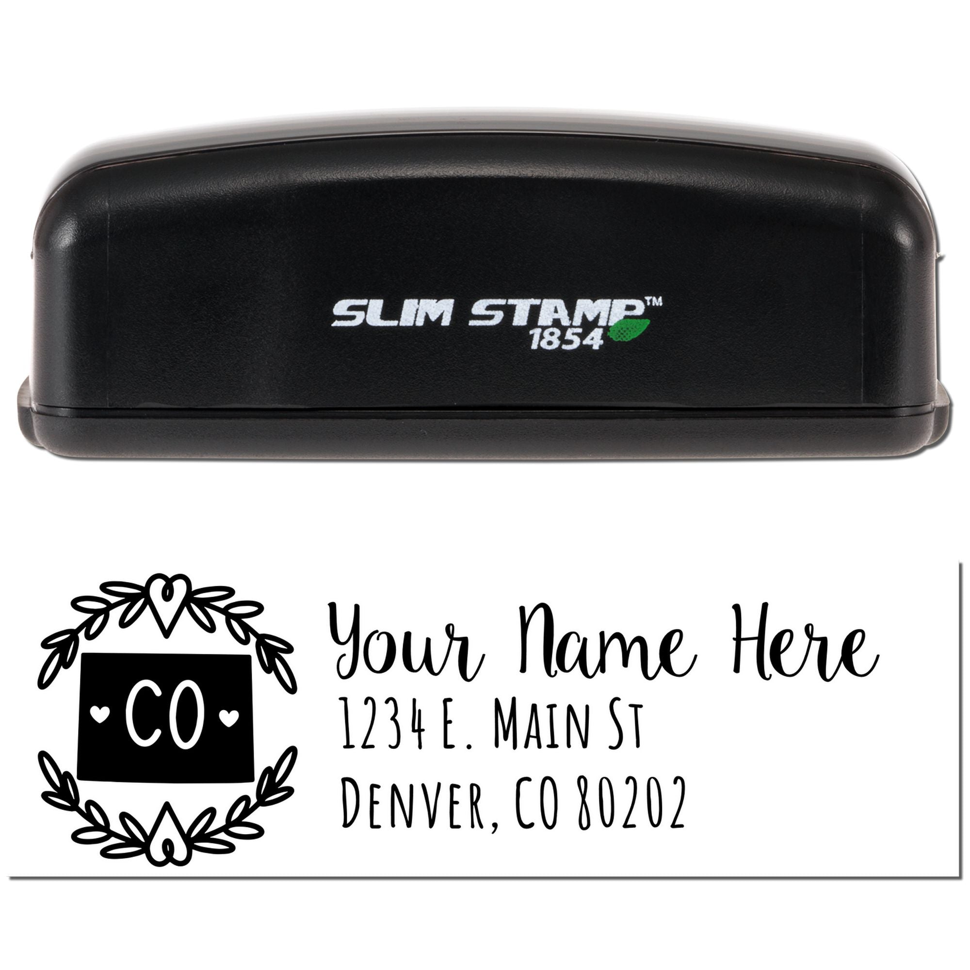 Slim Stamp 1854 custom return address rubber stamp with floral CO monogram and Denver, CO address.